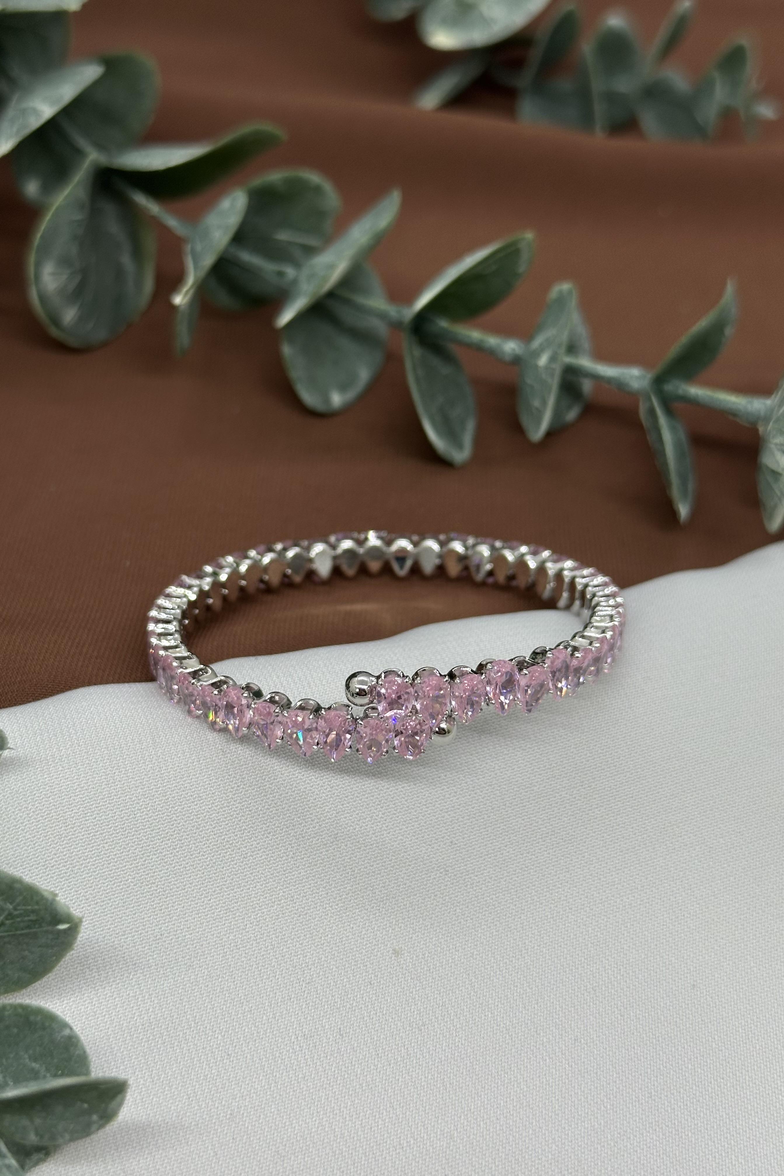 Pembe Taşlı Sılver Çelik Kelepçe Bileklik
