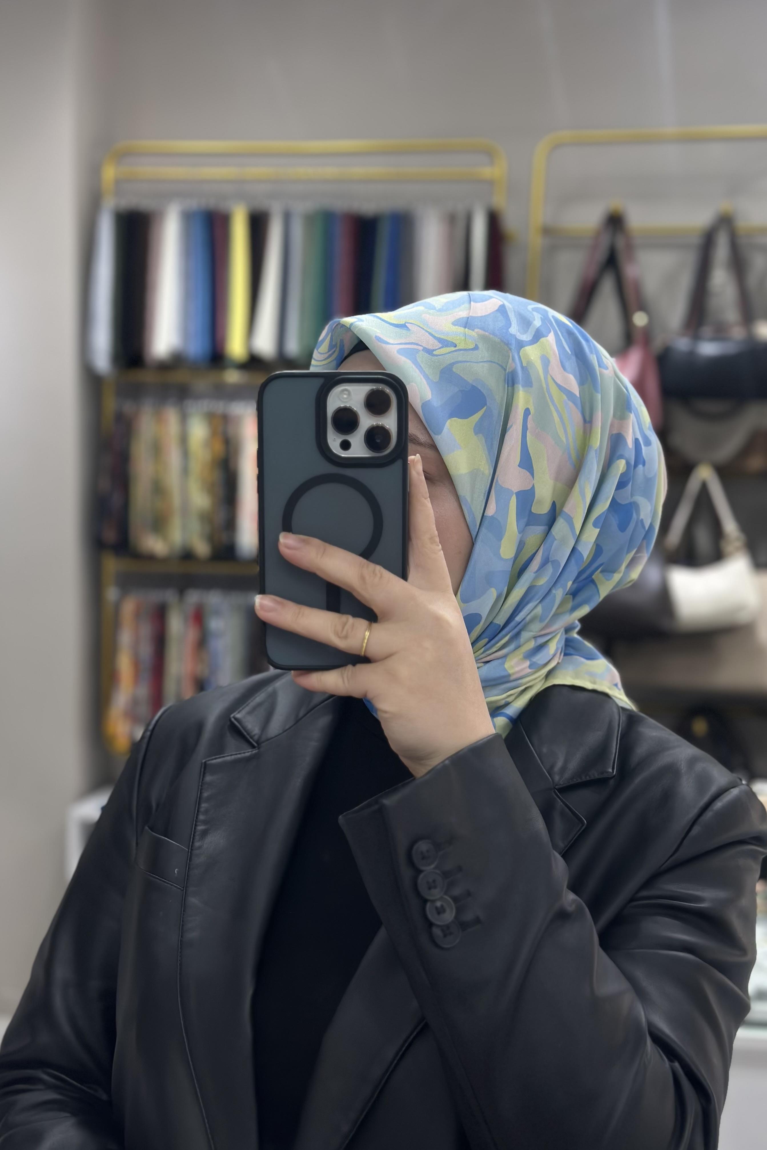 İpekhan Boya Desen Mavi Soft Eşarp