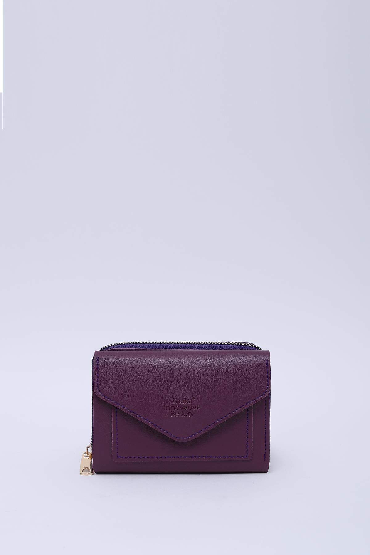 Mor Suni Deri 12 Bölmeli Zarf Model Fermuarlı Bozuk Para Ve Kağıt Para Bölmeli Cüzdan