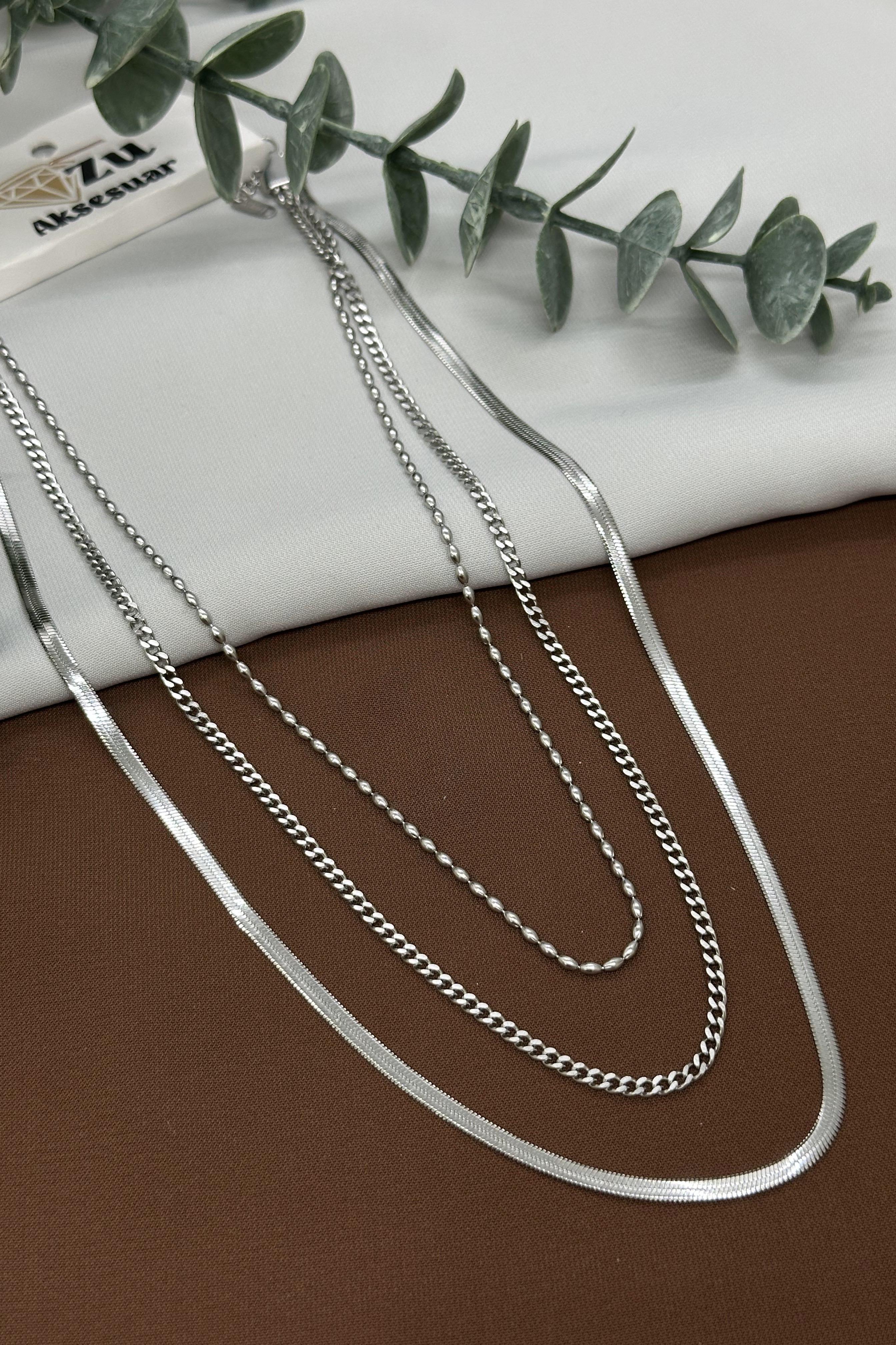 Üçlü Sılver Çelik Kolye