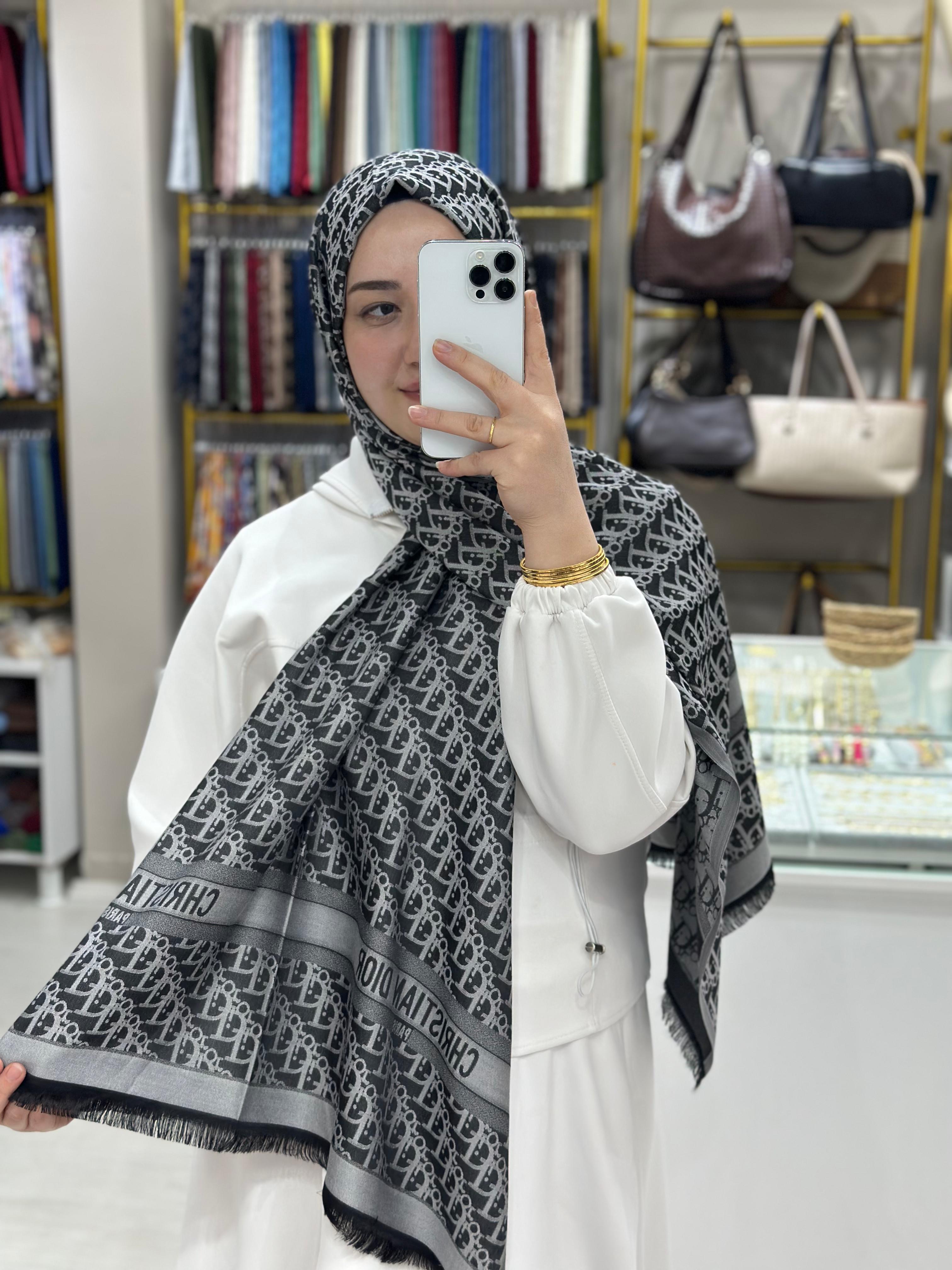 D*or Siyah-Gri Çift Taraflı İpek Kaşmir Şal