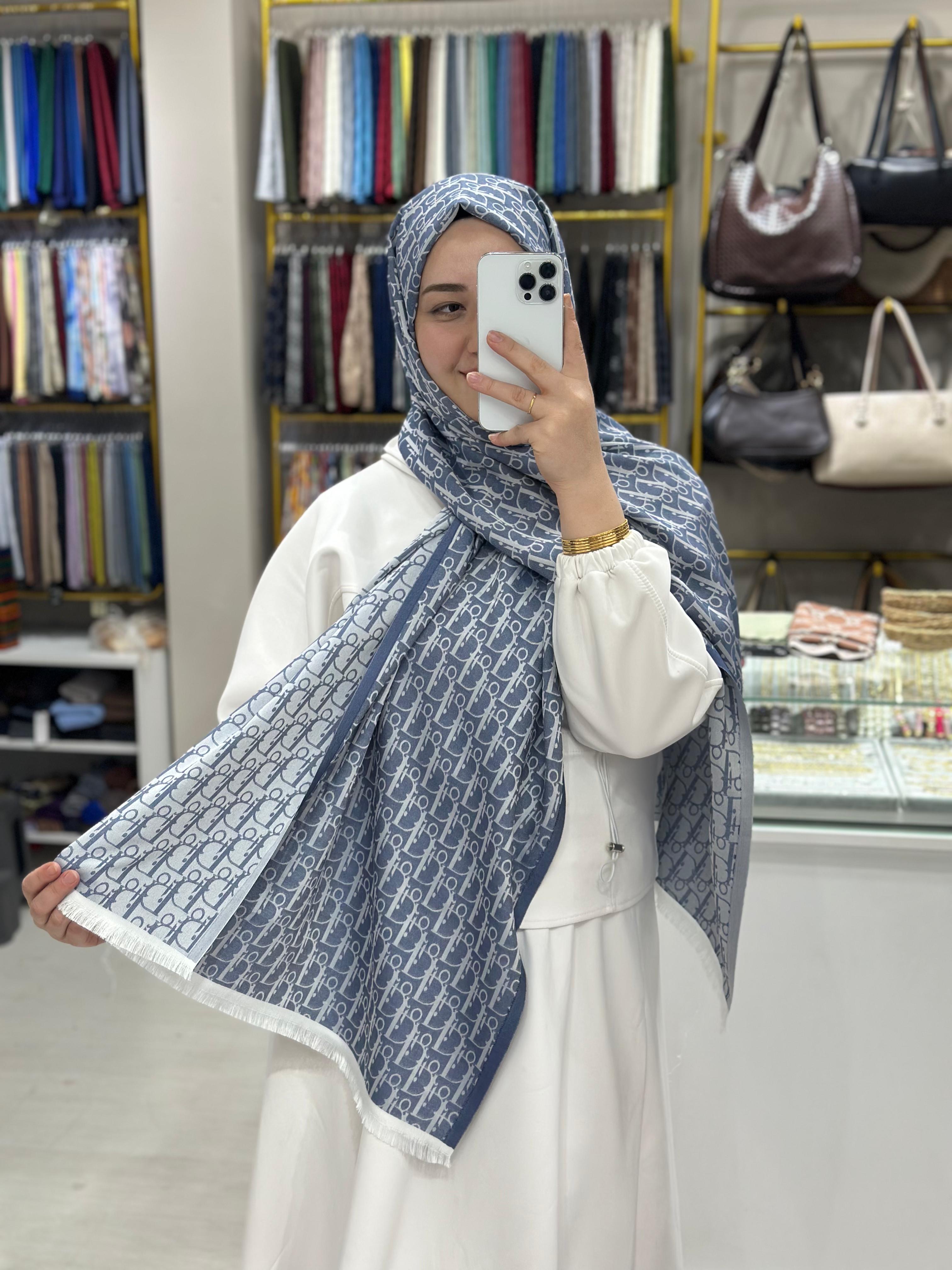 D*or Mavi-Beyaz Çift Taraflı İpek Kaşmir Şal