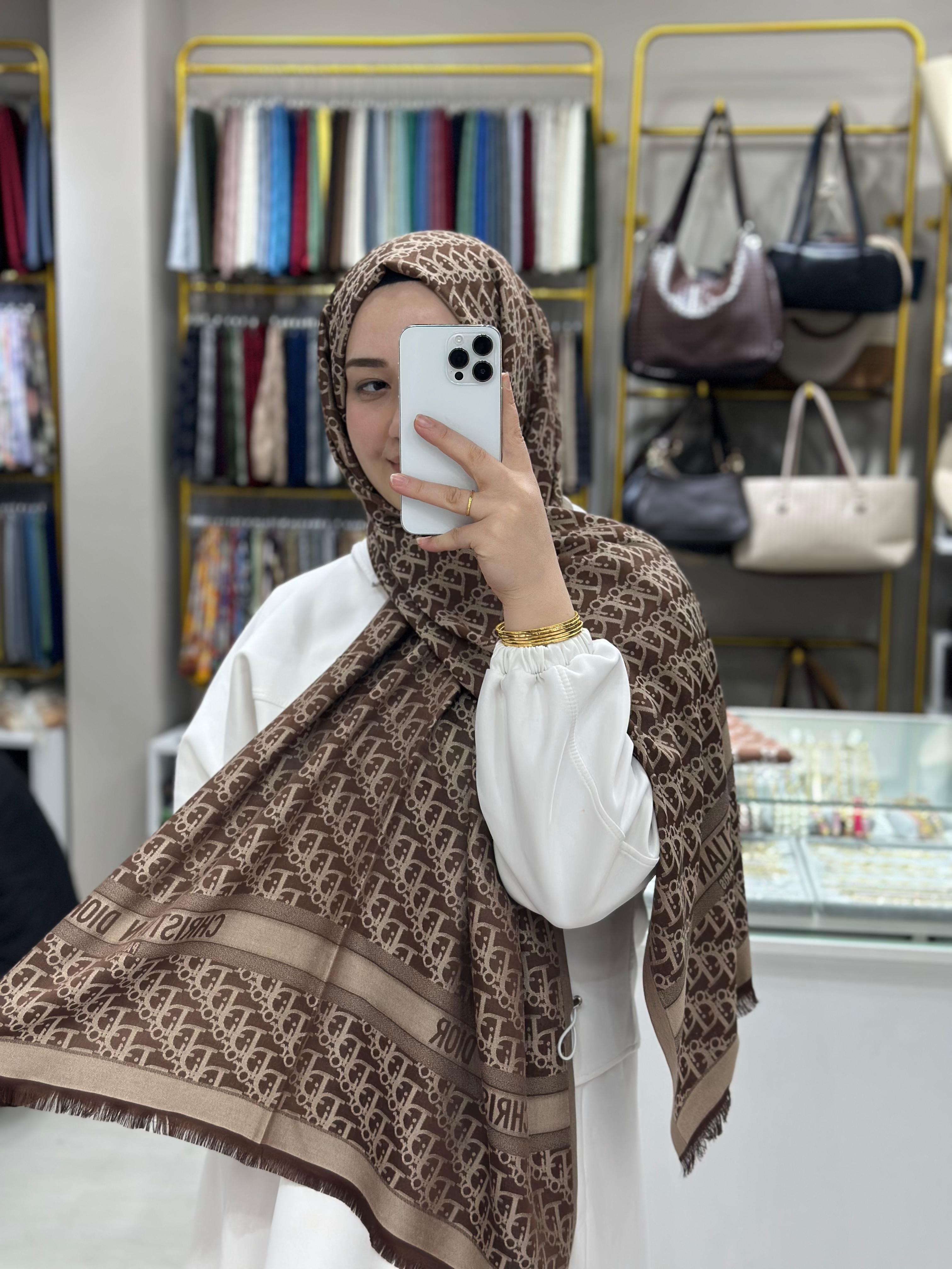 D*or Kahverengi-Bej Çift Taraflı İpek Kaşmir Şal