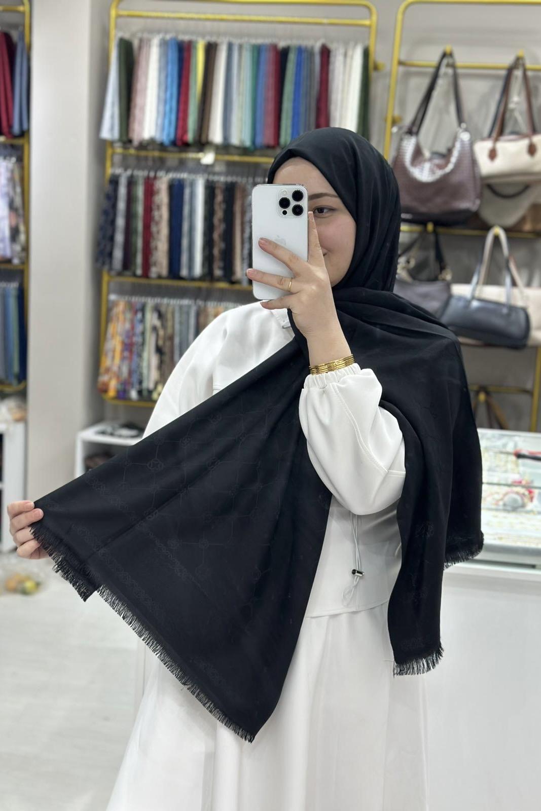 Ak*r Siyah Çift Taraflı İpek Kaşmir Şal