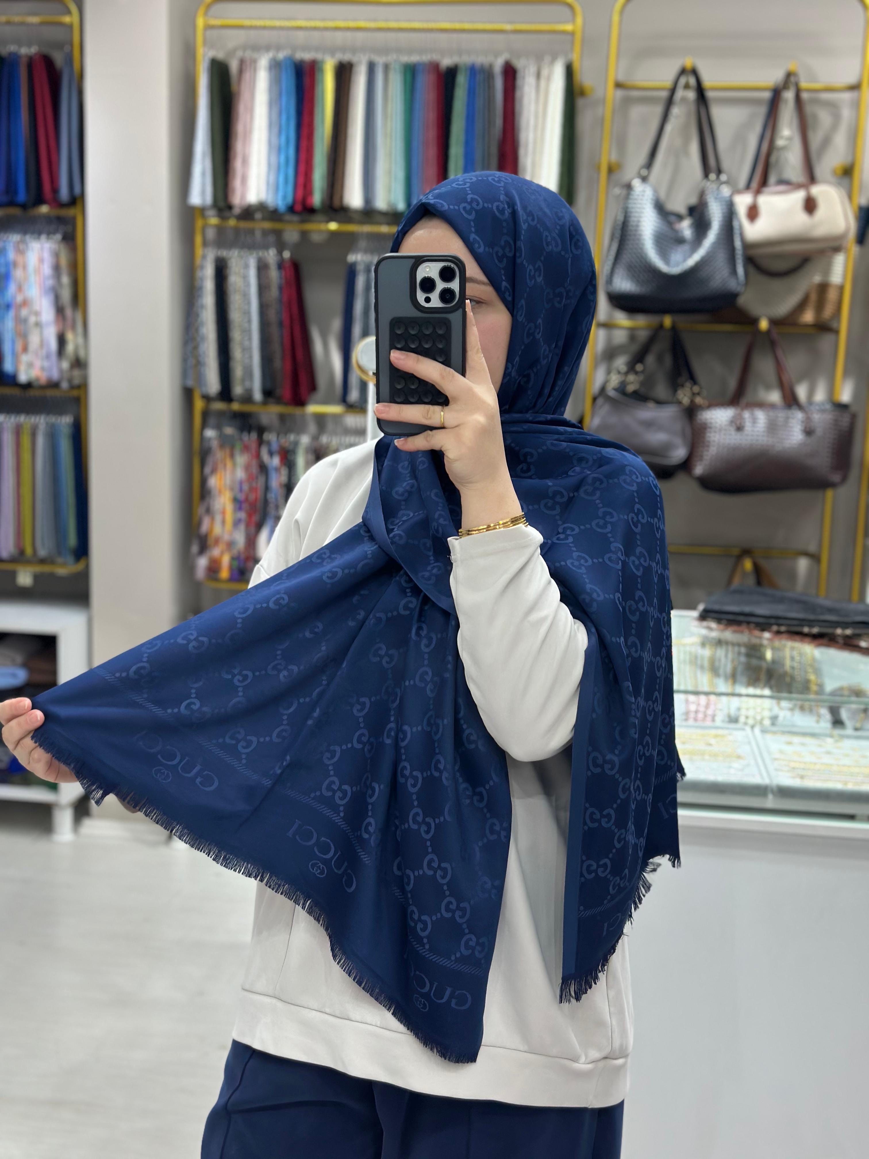 G*cci Lacivert-Mavi Çift Taraflı İpek Kaşmir Şal