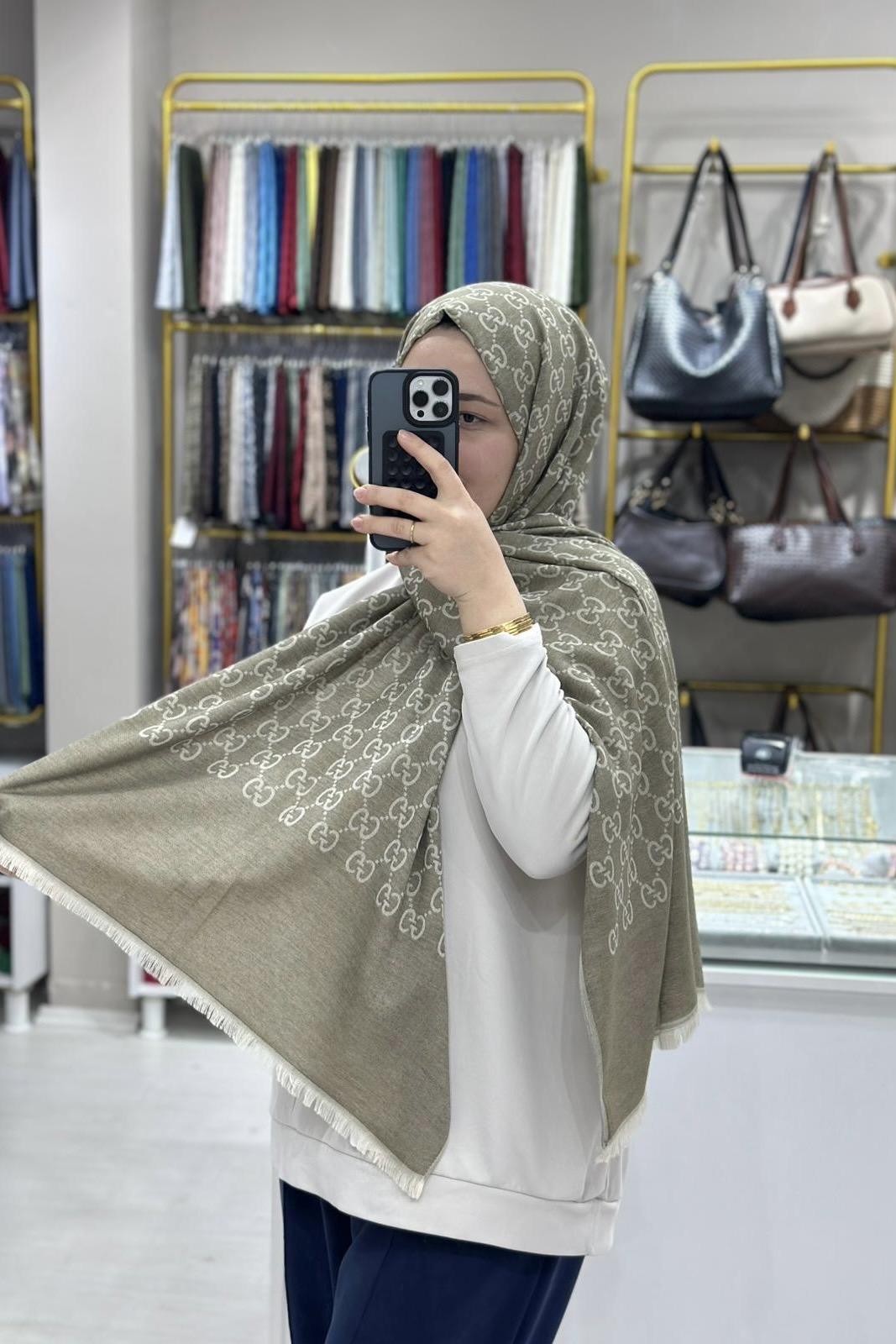 G Desen Açık Haki Yün İpek Şal