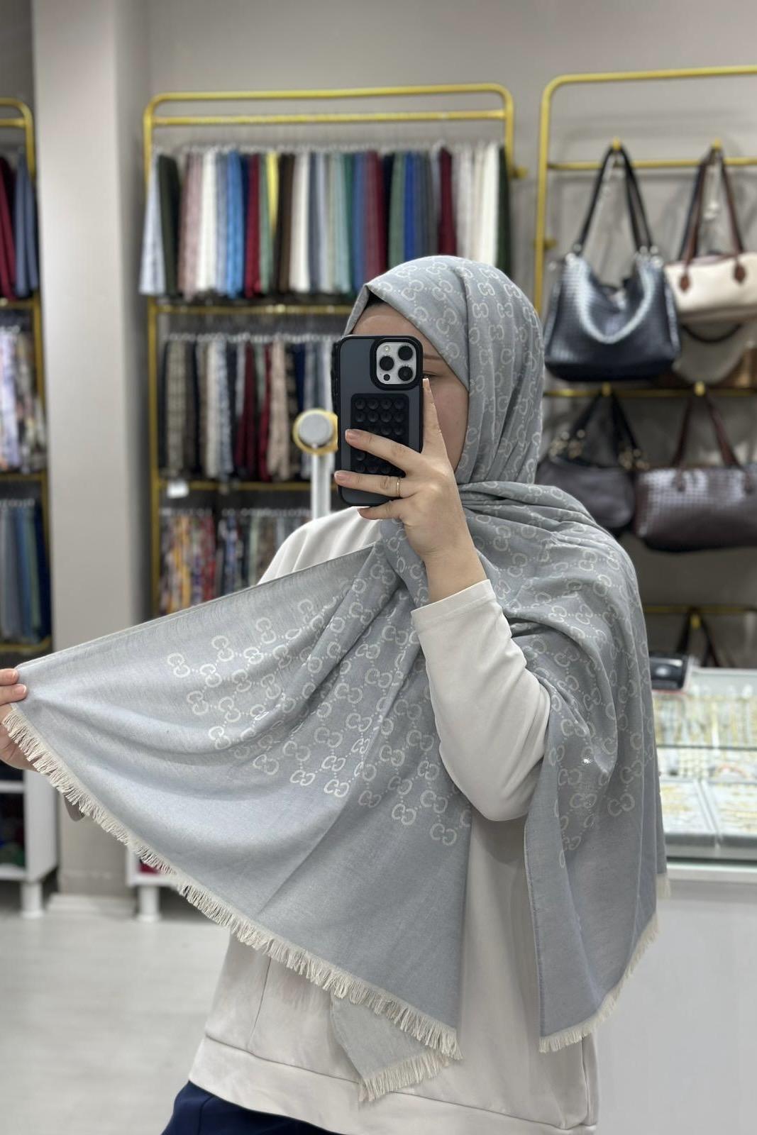 G Desen Açık Mavi Yün İpek Şal