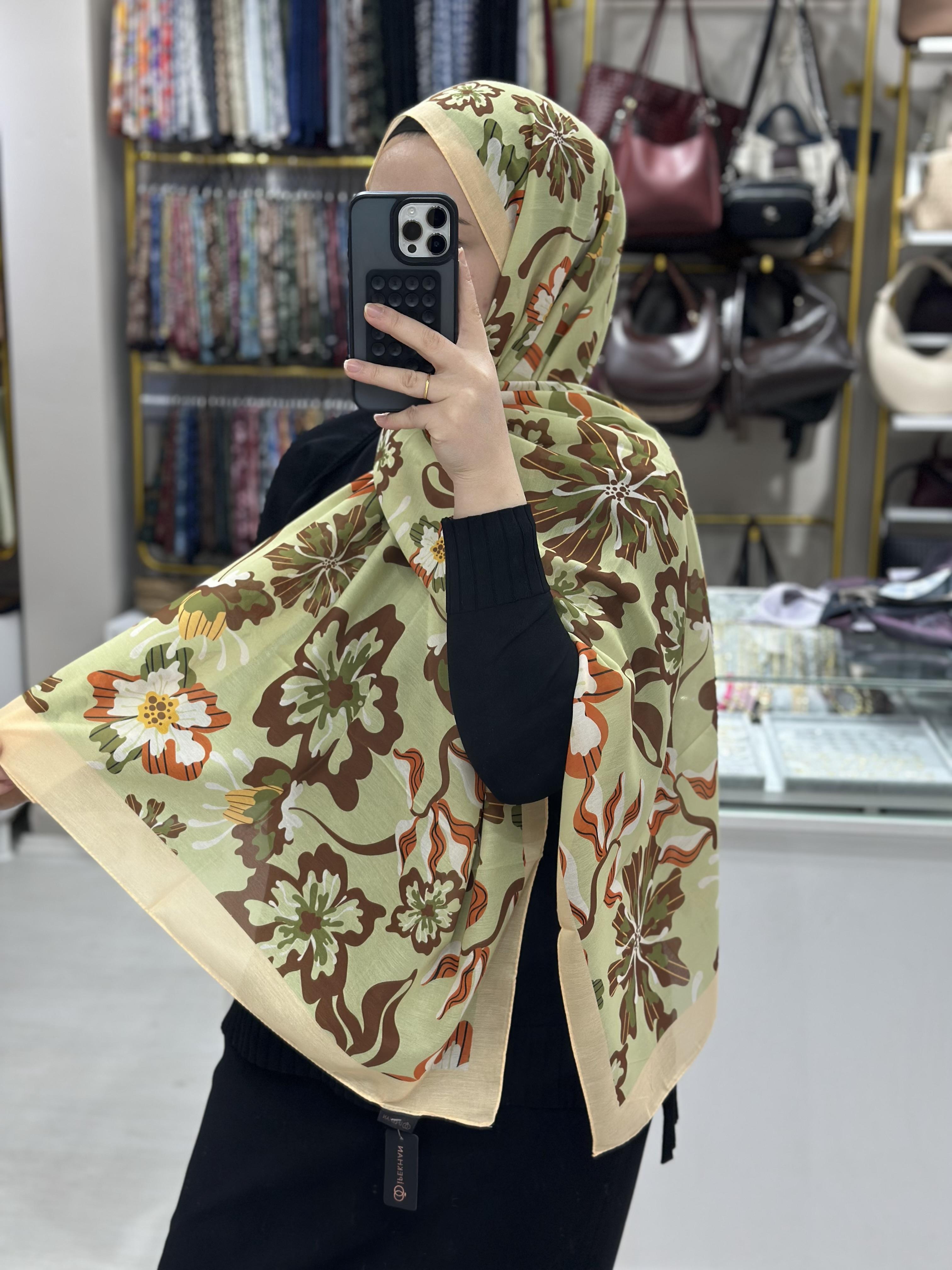 İpekhan Yeşil-Kahve Çiçek Desenli Soft Şal