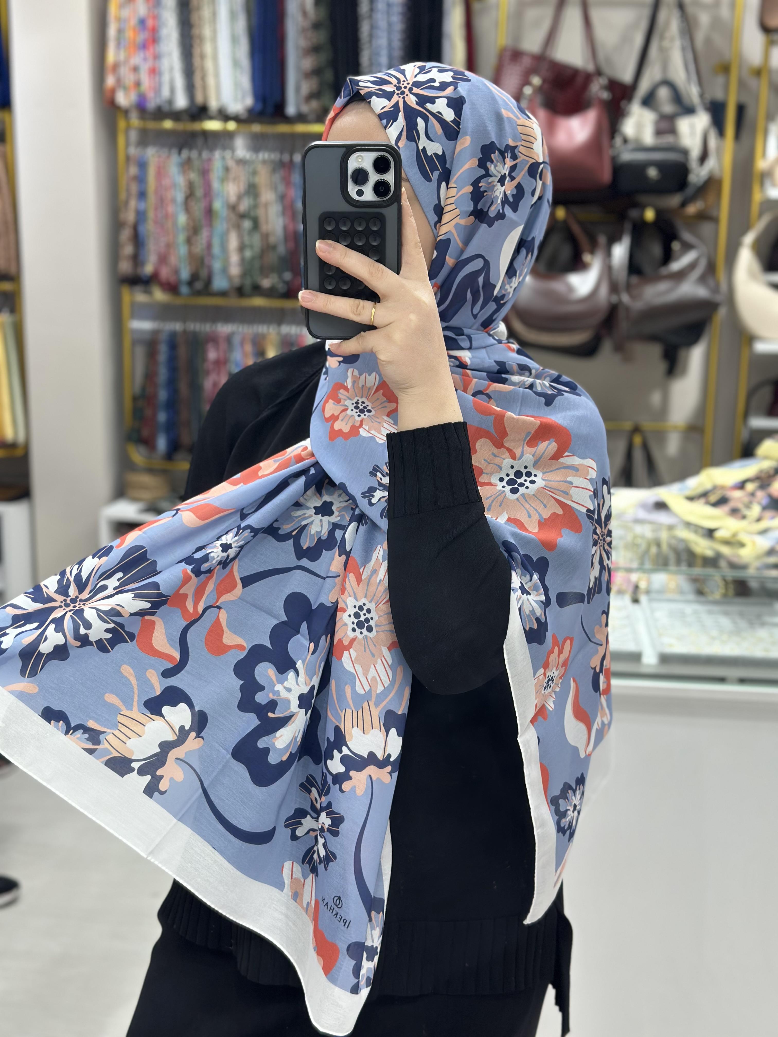 İpekhan Çiçek Desenli Mavi Soft Şal