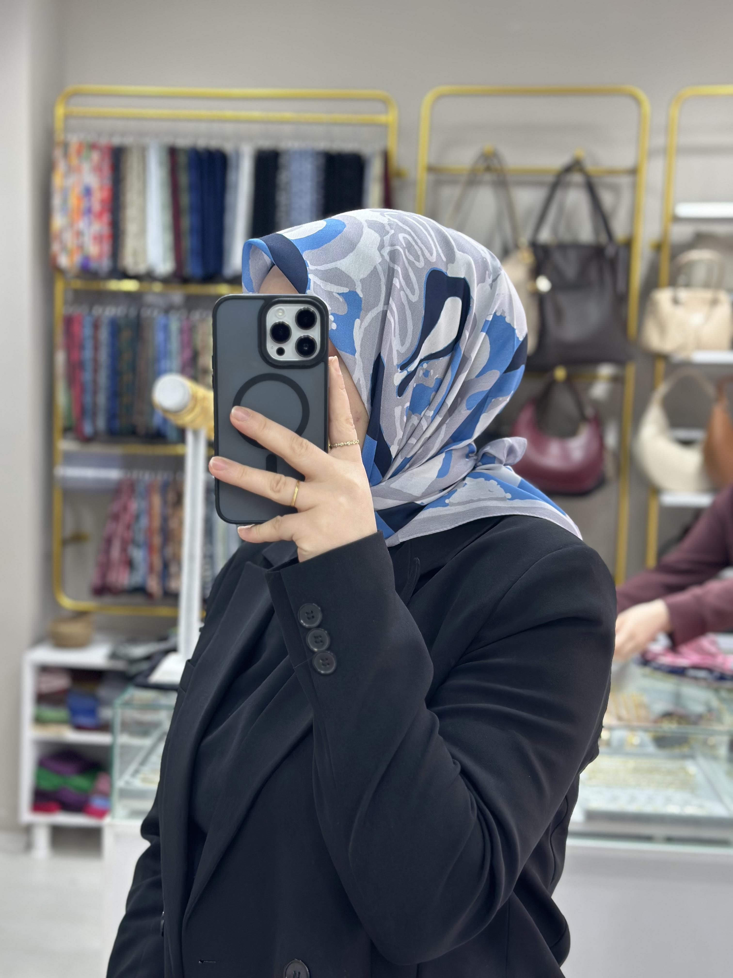 Mavi-Gri Boya Desen Soft Eşarp