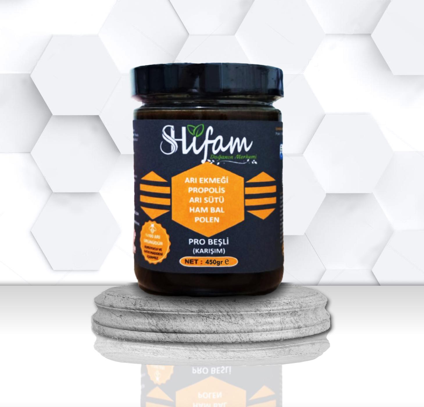 BEŞLİ KARIŞIM (Bal, Propolis, Arı Sütü, Arı Ekmeği,Polen) KARIŞIM 450 GR