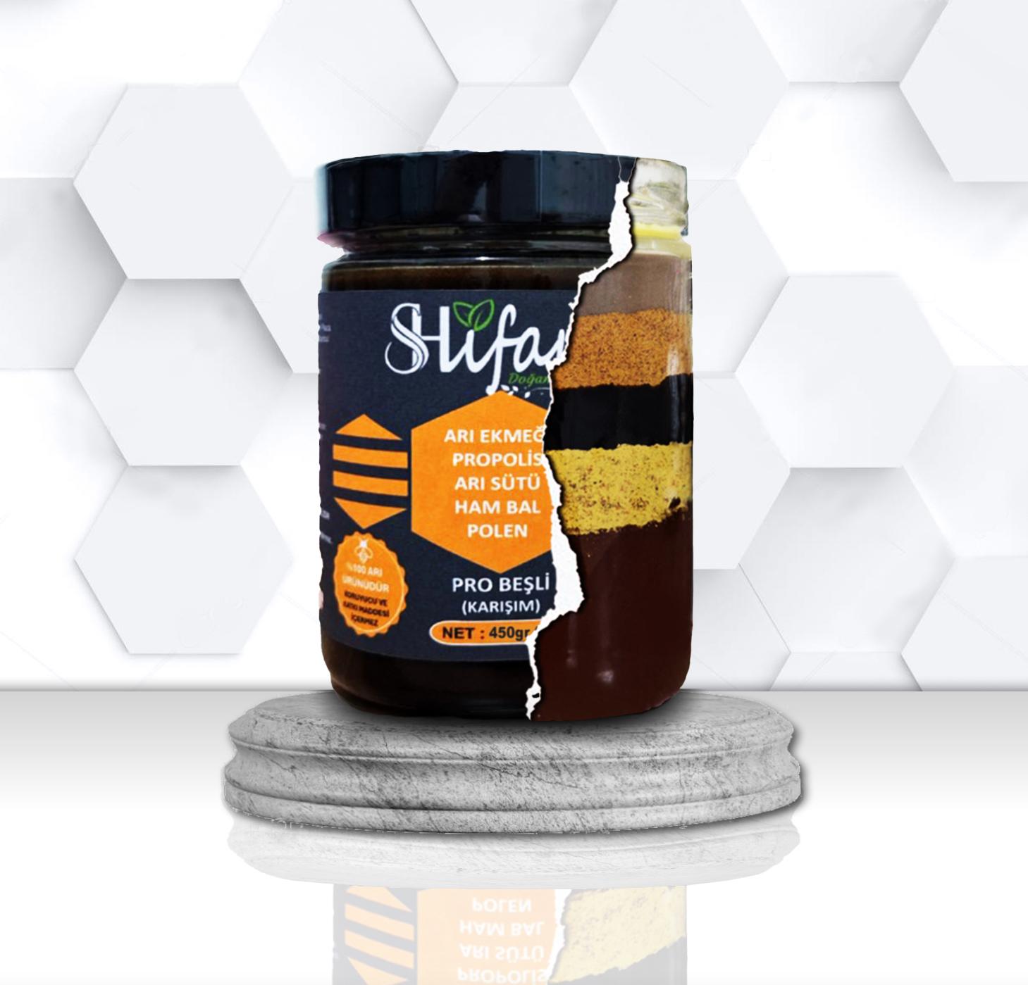 BEŞLİ KARIŞIM (Bal, Propolis, Arı Sütü, Arı Ekmeği,Polen) KARIŞIM 450 GR