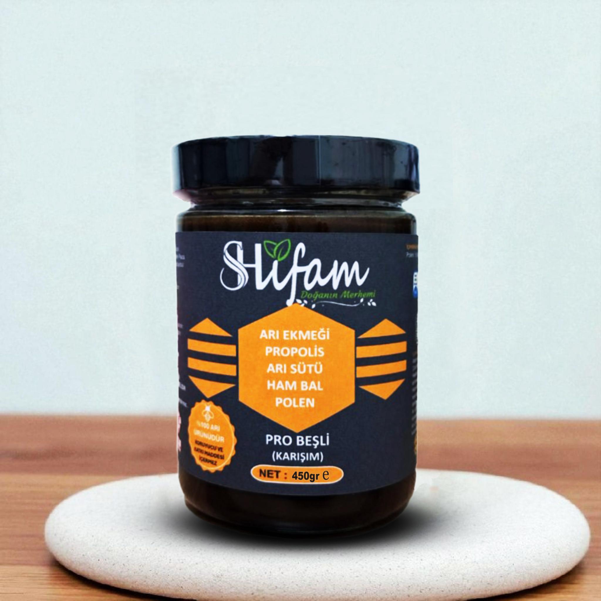 BEŞLİ KARIŞIM (Bal, Propolis, Arı Sütü, Arı Ekmeği,Polen) KARIŞIM 450 GR