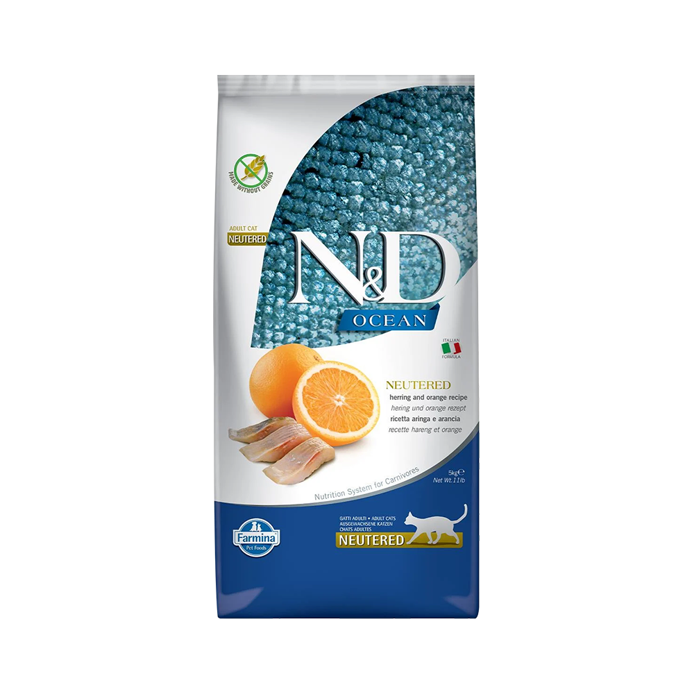 N&D Ocean Tahılsız Ringa Balıklı ve Portakallı Kısır Kedi Maması (5 kg)