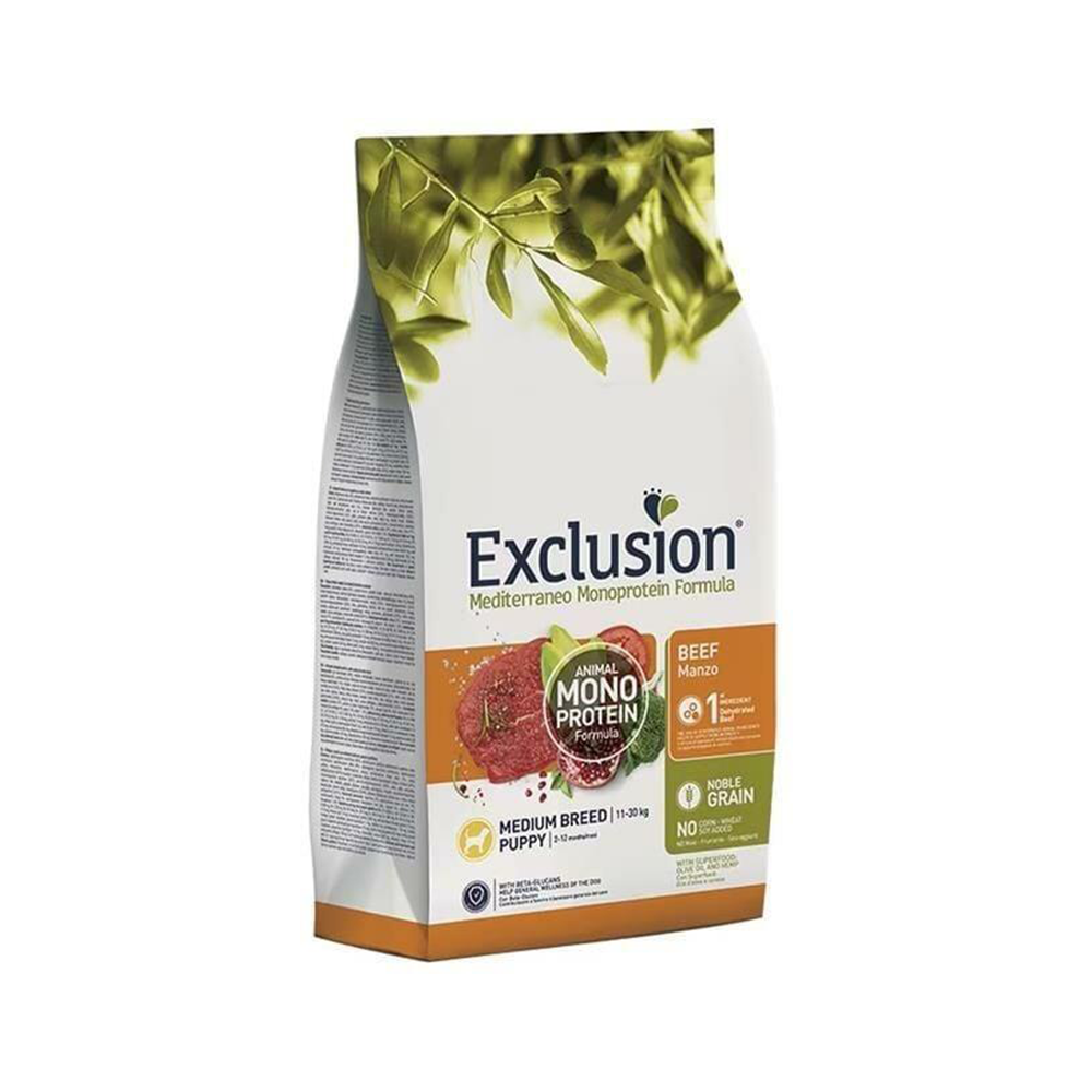 Exclusion Monoprotein Sığır Etli ve Narlı Düşük Tahıllı Orta Irk Yavru Köpek Maması (12 kg)
