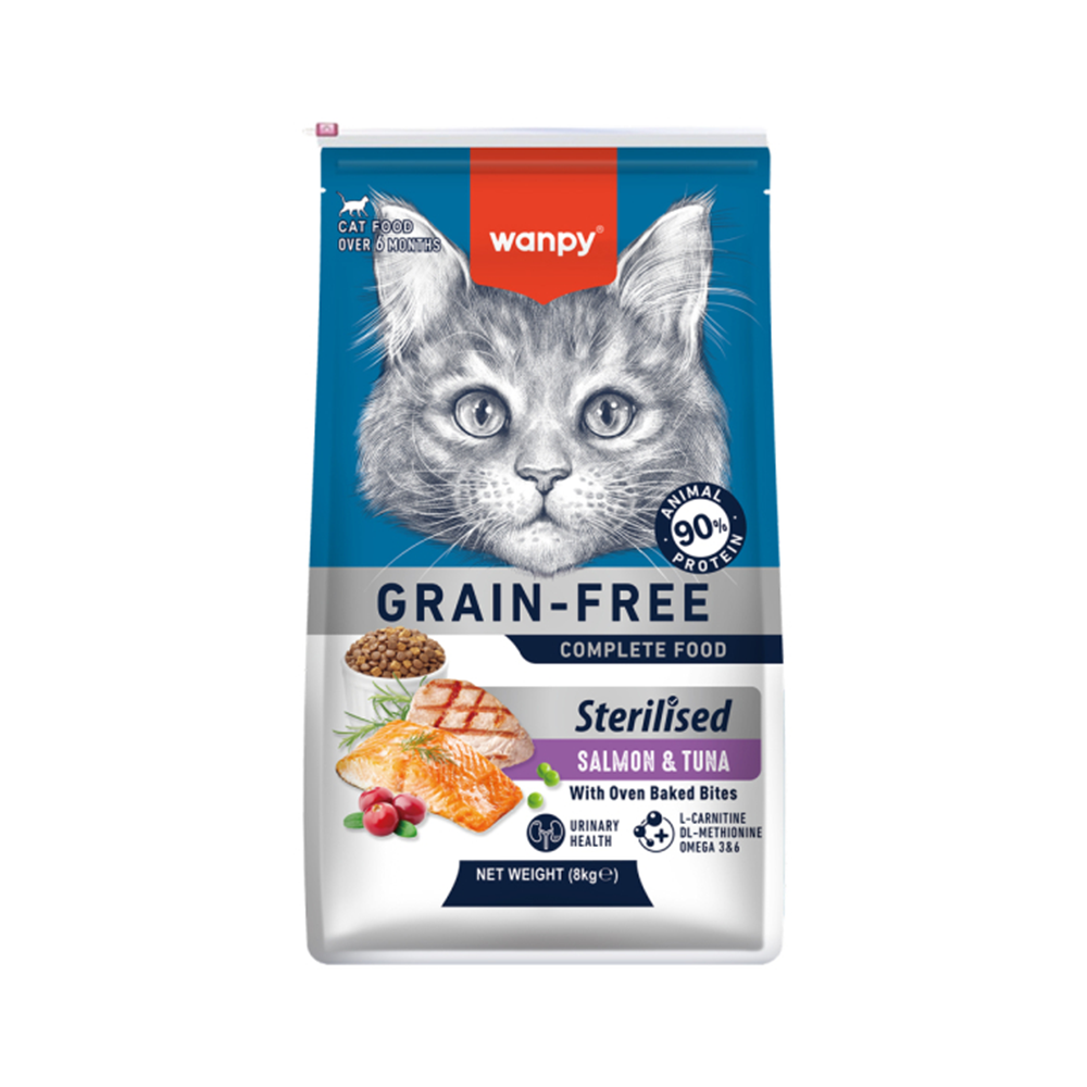 Wanpy Tahılsız Somonlu ve Ton Balıklı Kısırlaştırılmış Kedi Maması (8 kg)