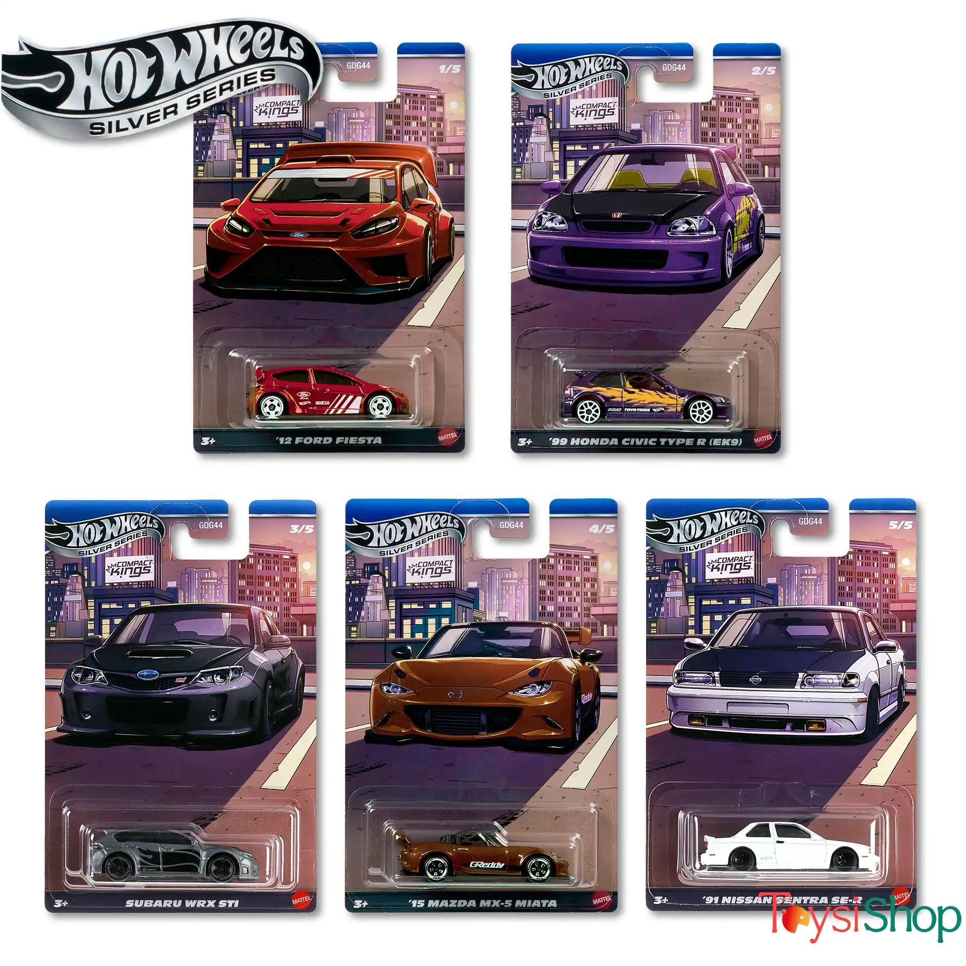 HOT WHEELS Compact Kings Set – ’12 Ford Fiesta, ’99 Civic EK9, WRX STI, Miata, Sentra SE-R