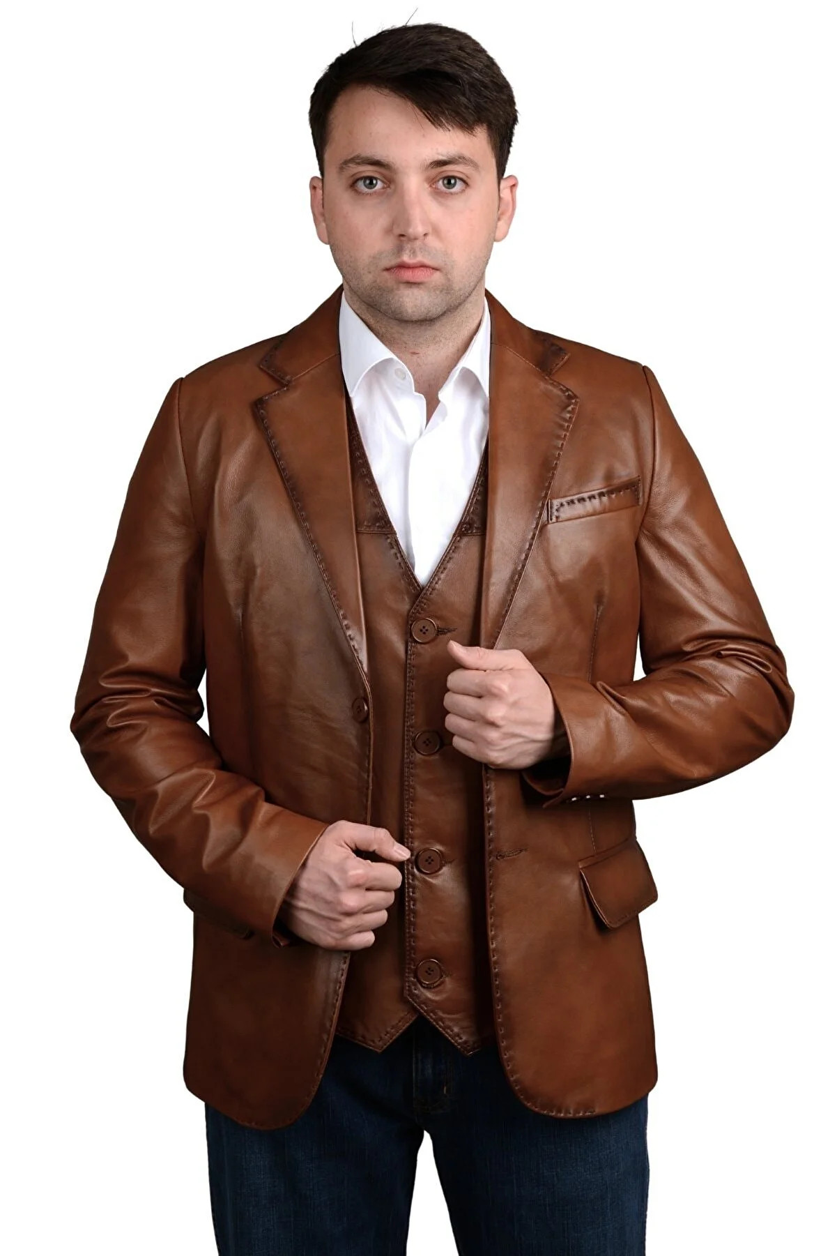 Armada Hakiki Deri Erkek Taba Blazer Ceket & Yelek