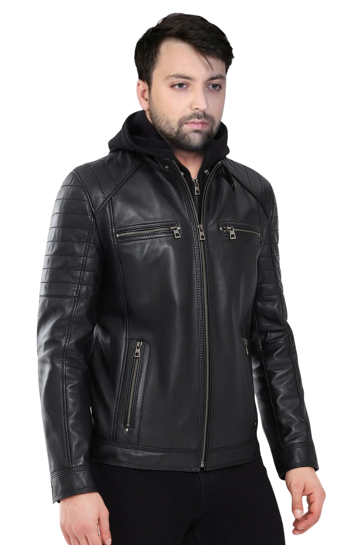 Danny Hakiki Deri Erkek Siyah Kapüşonlu Mont