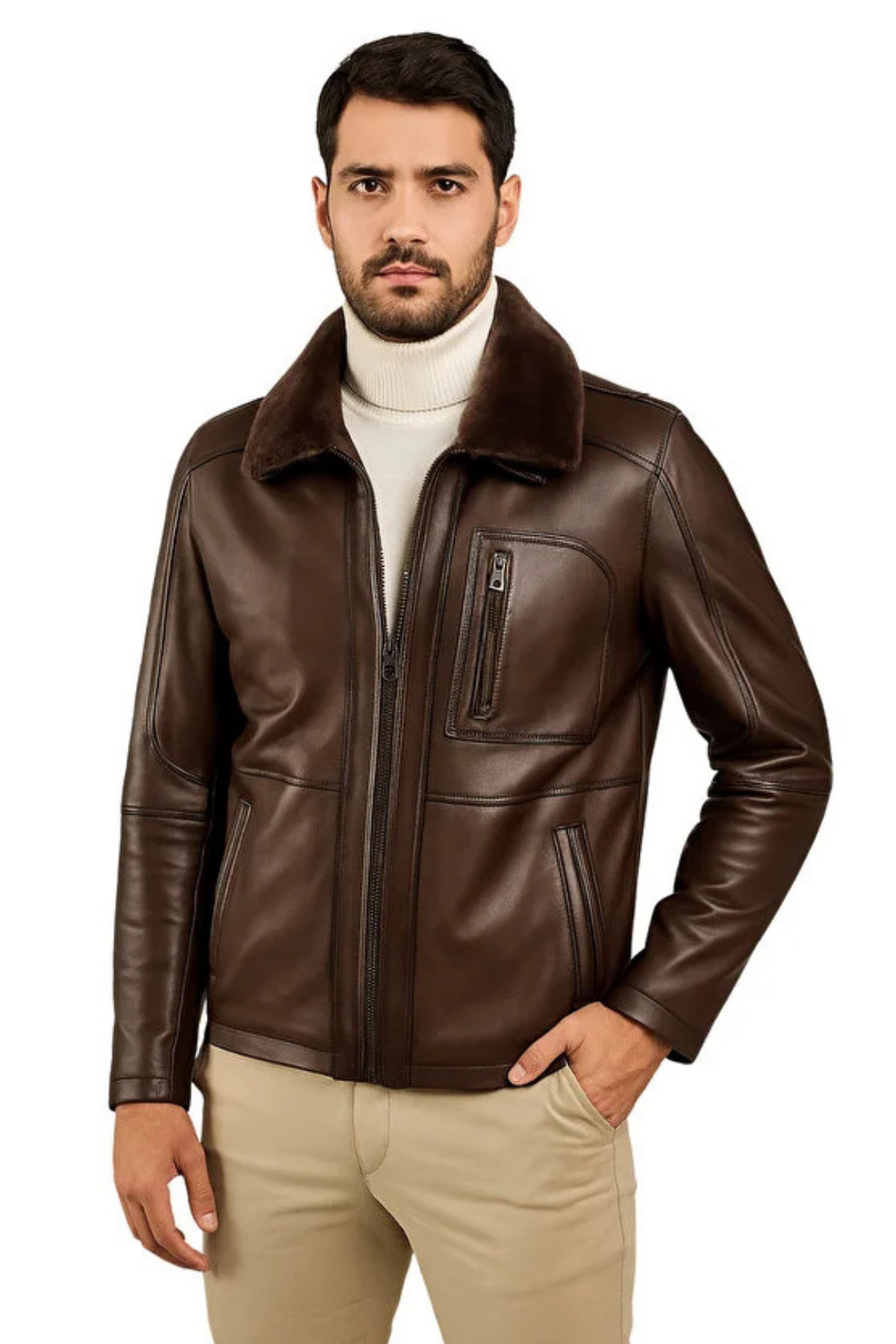 Carlos Hakiki Deri Erkek Kestane Seyyar Kürk Yaka Mont