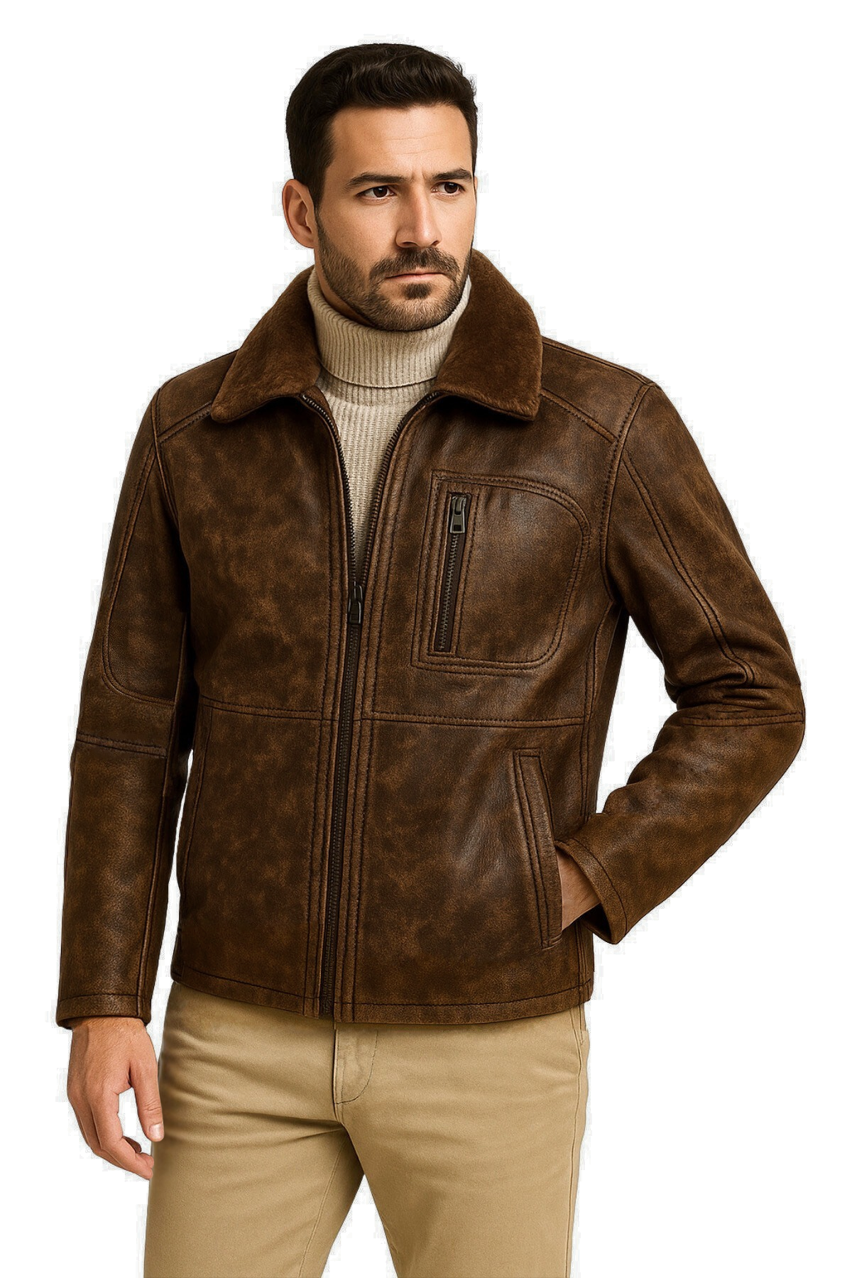 Carlos Hakiki  Deri Erkek Seyyar Kürk Yaka Mont