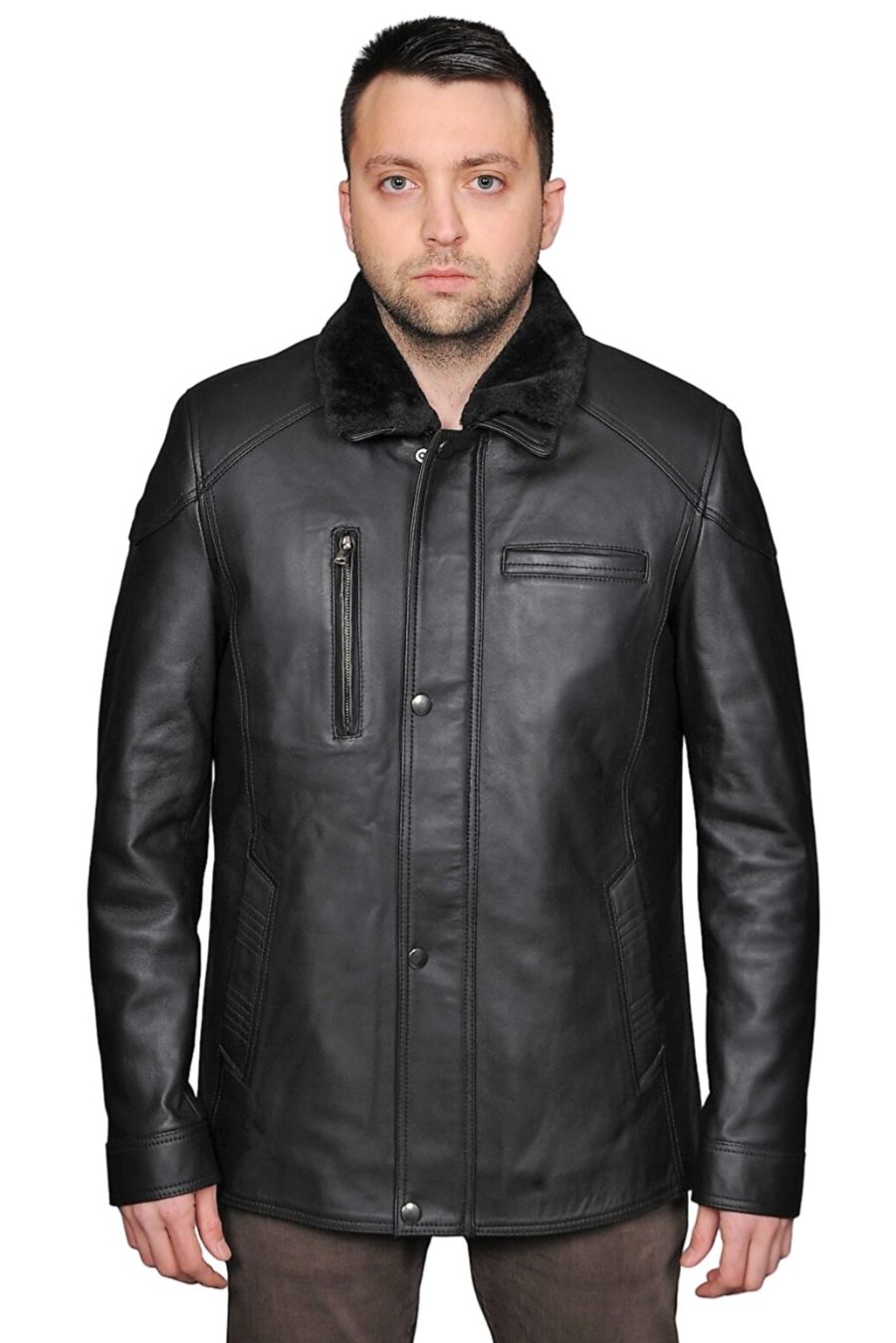 Owen Hakiki Deri Erkek Kürklü Siyah Kaban