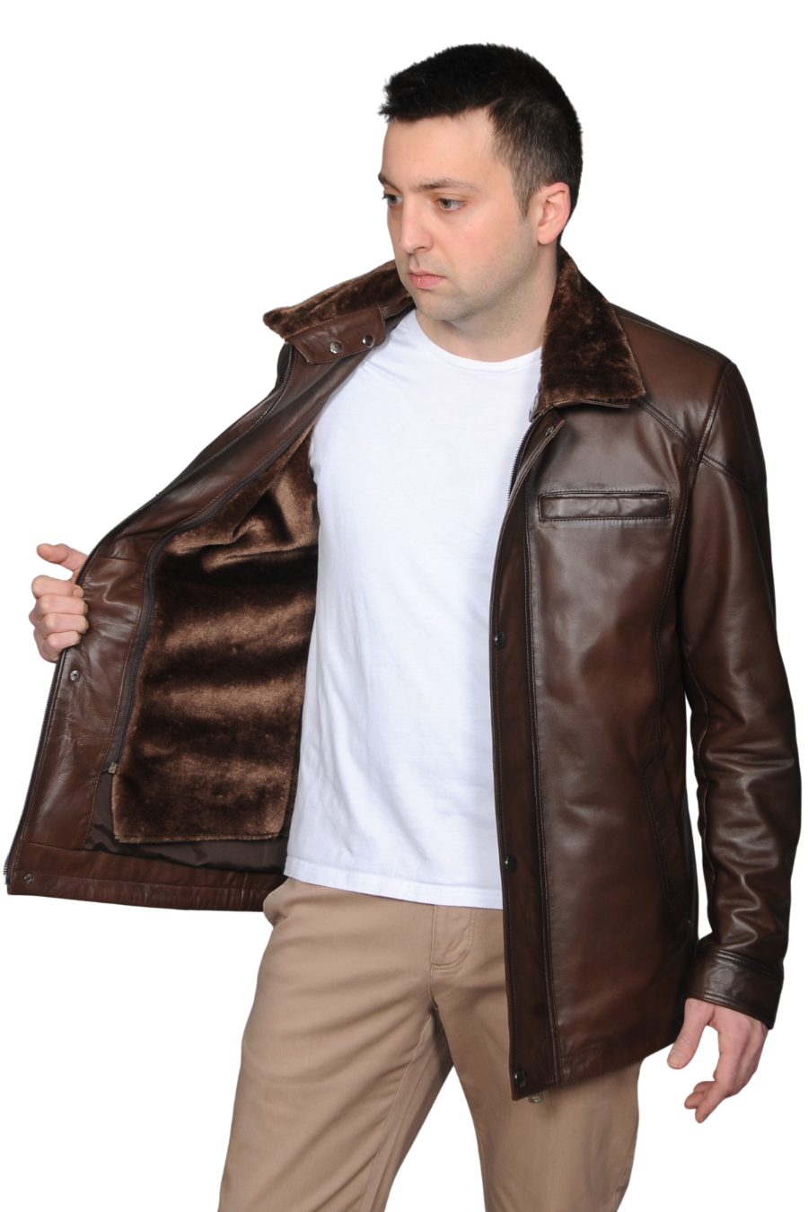 Owen Hakiki Deri Erkek Kürklü Kestane Karartma Ceket