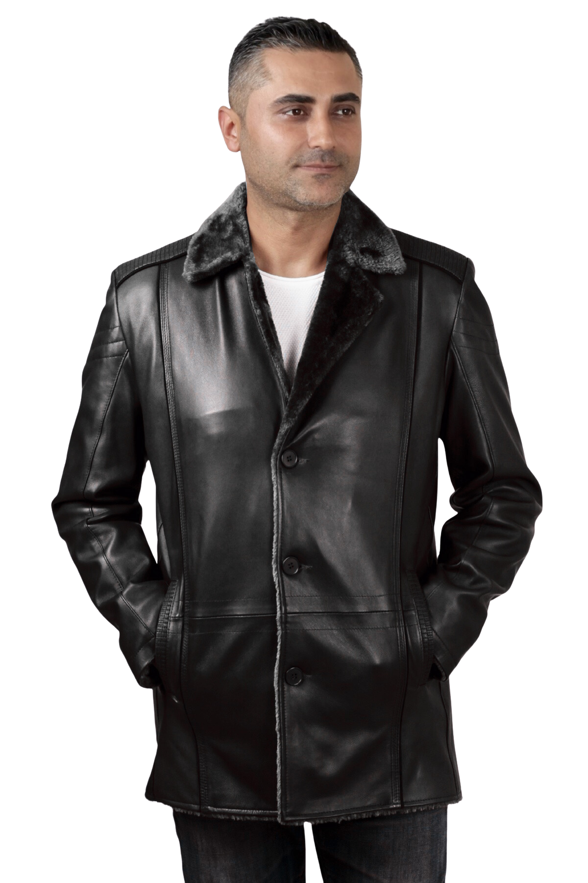 Alanzo Hakiki Deri Erkek Siyah Kürklü Kaban