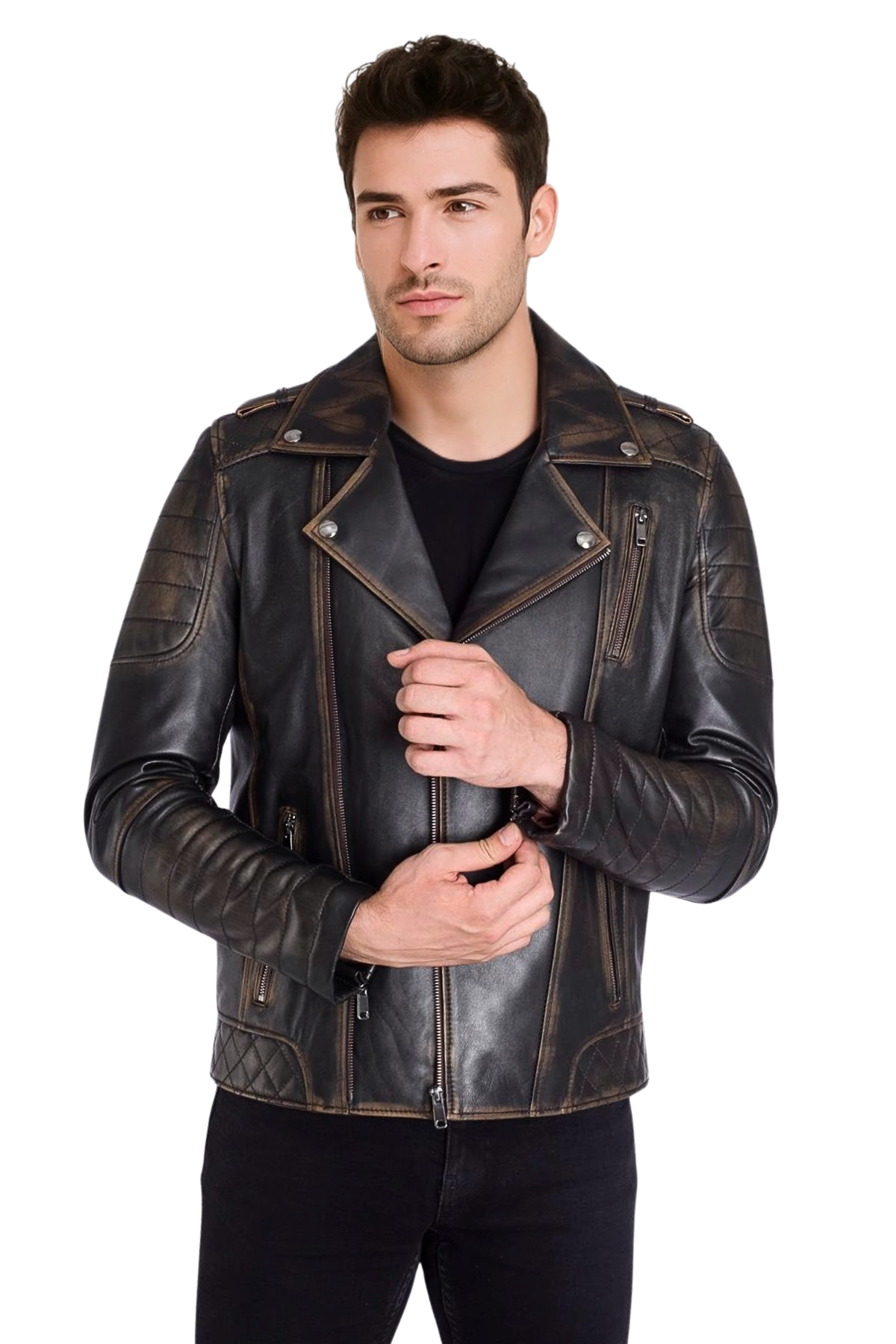 Modric Hakiki Deri Erkek Vintage Eskitme Biker Motorcu Tarzı Mont