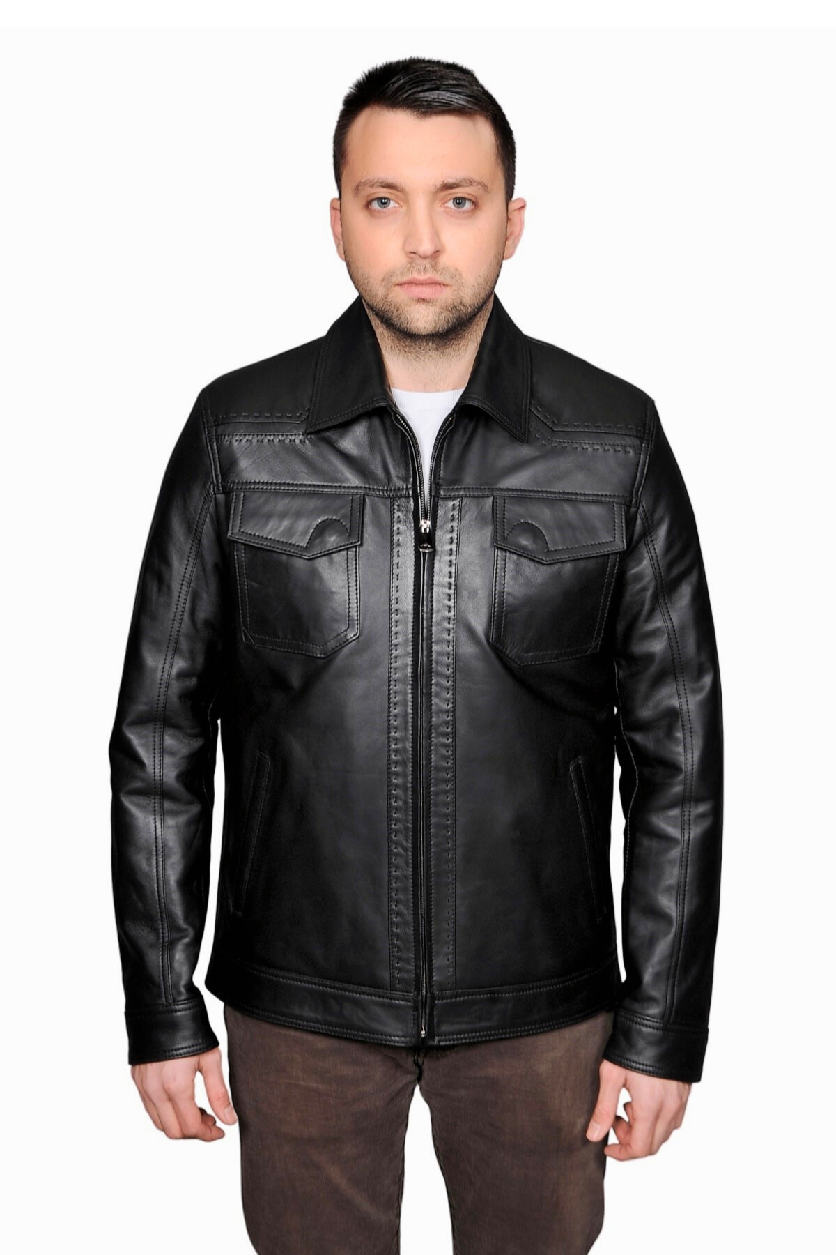 Morata Hakiki Deri Erkek Siyah Punto Dikişli Ceket