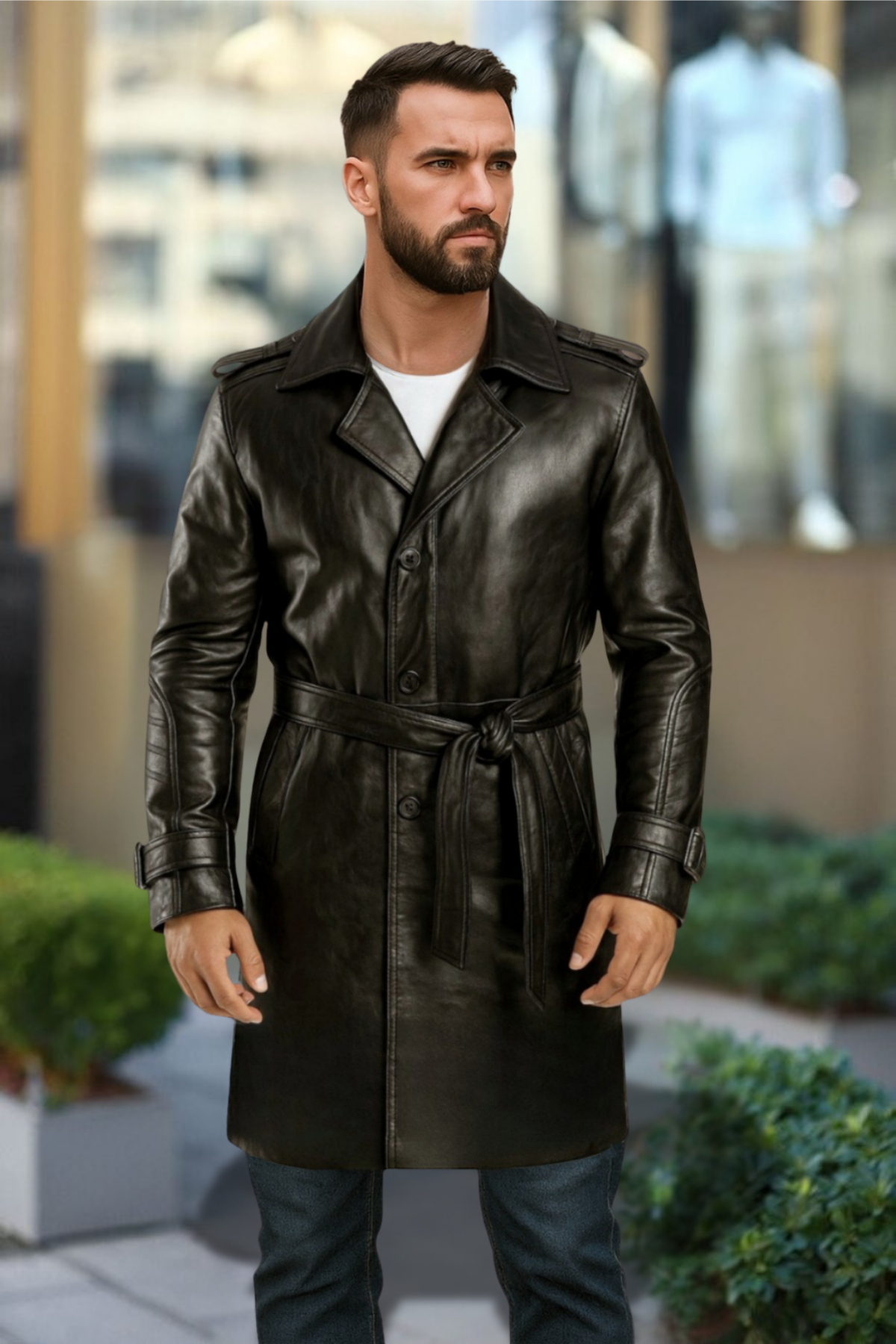 Matrix Hakiki Deri Erkek Siyah Kuşaklı Pardesü