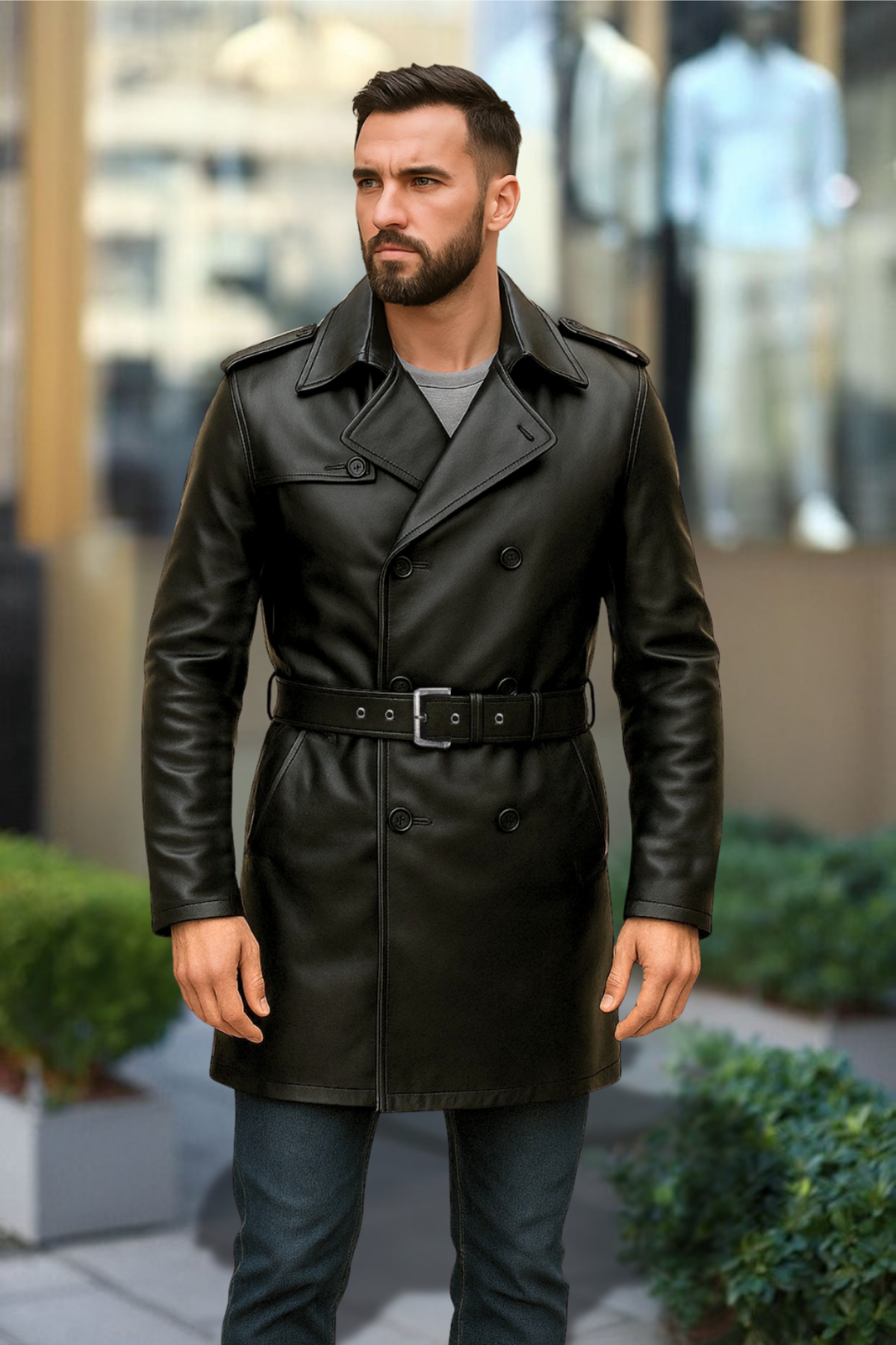 Lugano Hakiki Deri Erkek Siyah Kuşaklı Trençkot