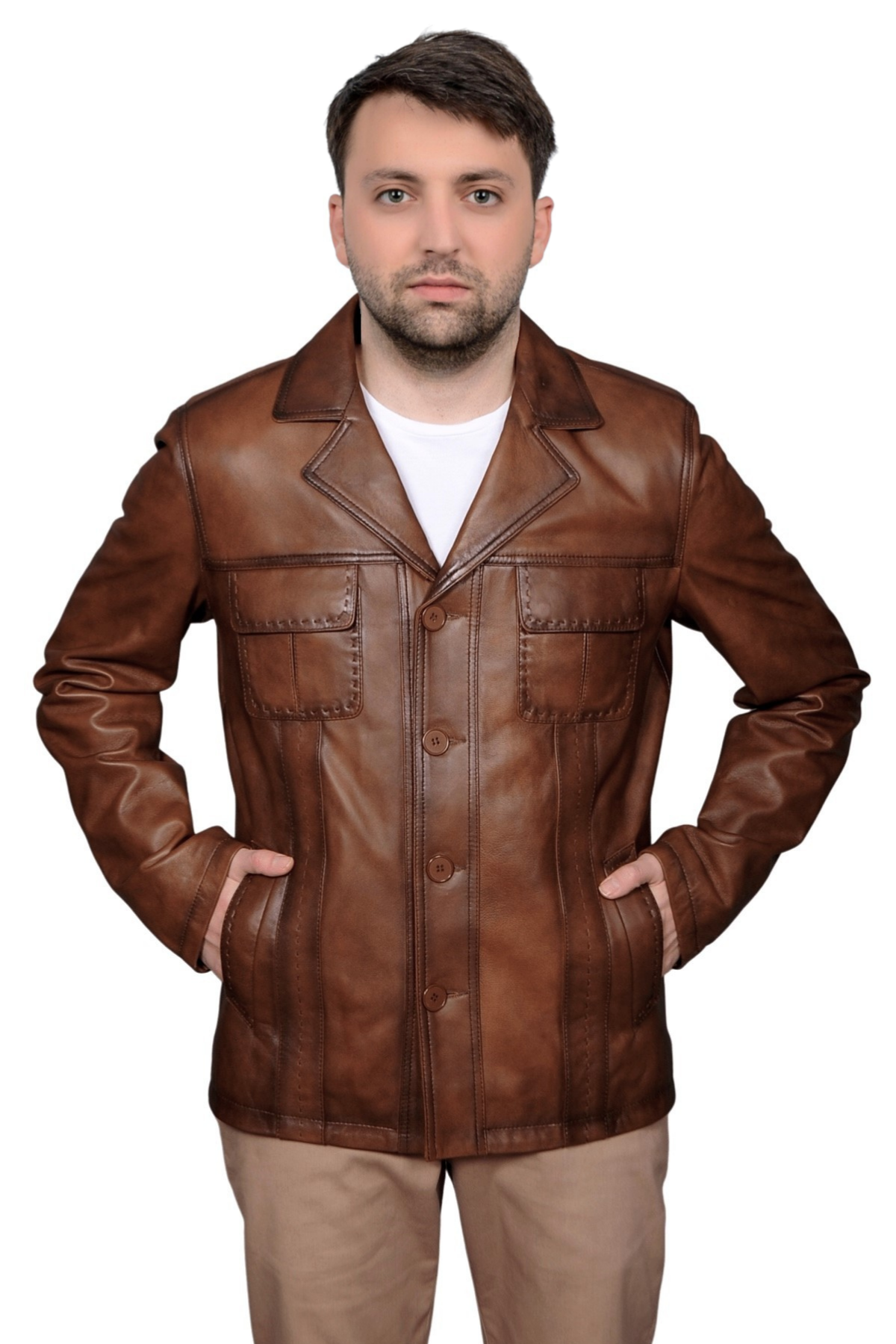 Gomez Hakiki Deri Erkek Taba Punto Dikiş Detaylı Ceket