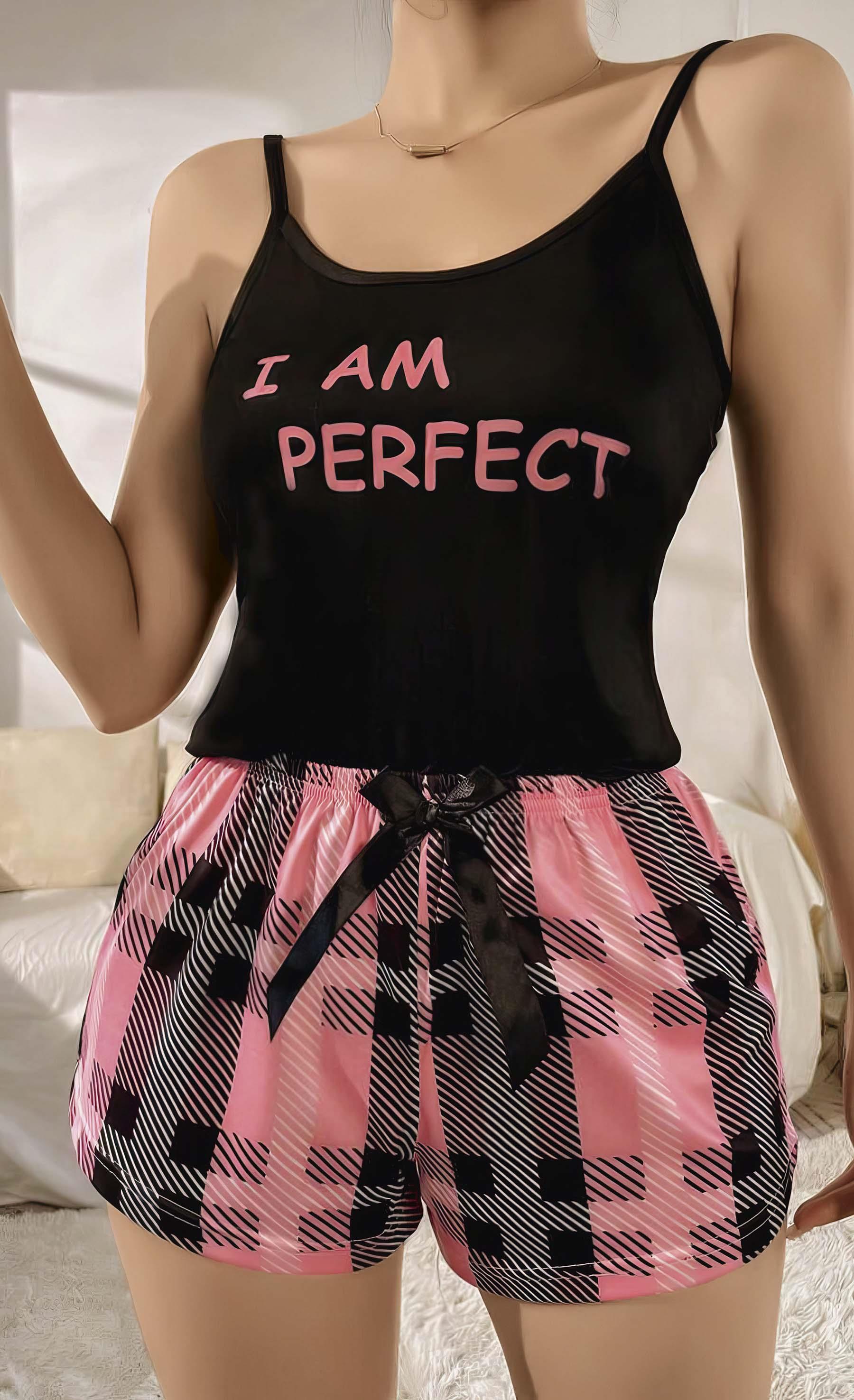Kadın Siyah Kare Desenli Askılı Şortlu Pijama Takım 5012
