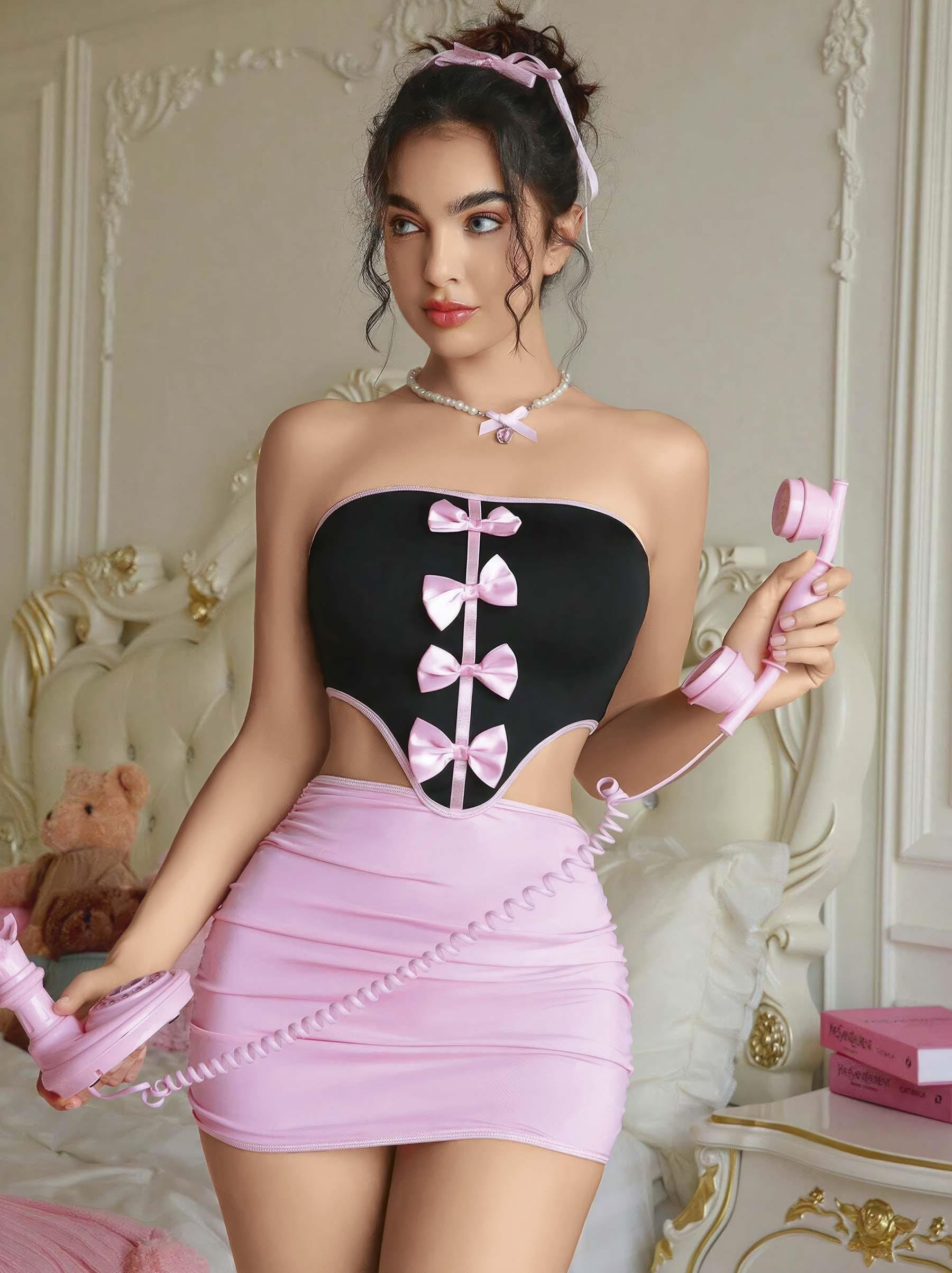Kadın Pembe Etekli Fiyonk Detaylı Sexy Kostüm 2154