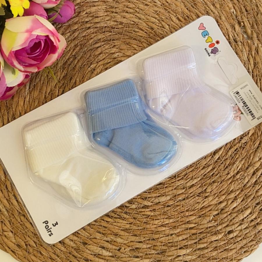 3’lü Basic Bebek Çorap Seti – Beyaz Mavi Lila – 0-6 Ay