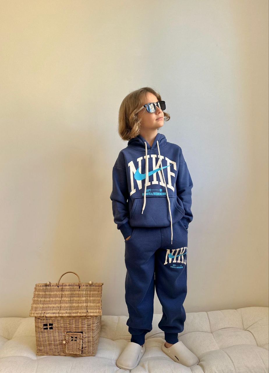 Sport Style Büyük Baskılı Kapüşonlu 3 İp Şardonlu Çocuk Eşofman Takımı – Lacivert