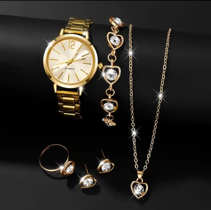 Şık 6 Parça Kadın Kuvars Saat & Kalp Takı Seti Paslanmaz Çelik