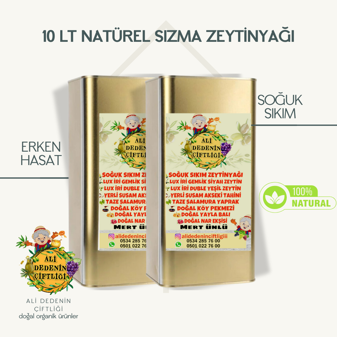 10 Litre ESKİ MAHSUL Soğuk Sıkım Ayvalık Zeytinyağı | Katkısız ve Doğal | ALİ DEDENİN ÇİFTLİĞİ