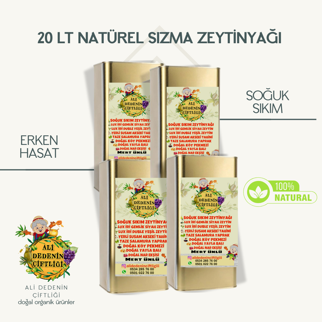 20 Litre ESKİ MAHSUL Soğuk Sıkım Ayvalık Zeytinyağı | Katkısız ve Doğal | ALİ DEDENİN ÇİFTLİĞİ