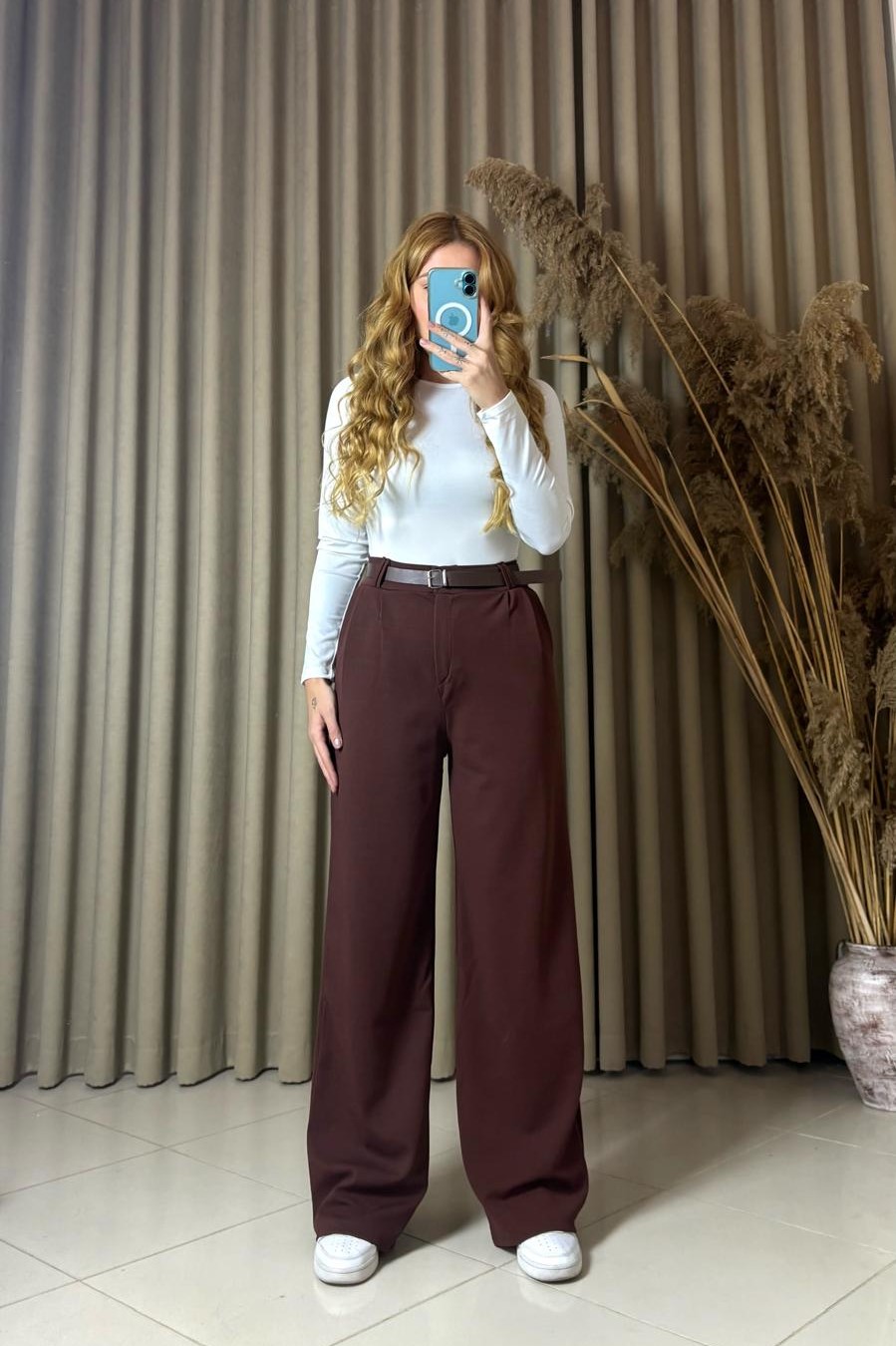 Kemerli Likralı Kahverengi Palazzo Pantolon