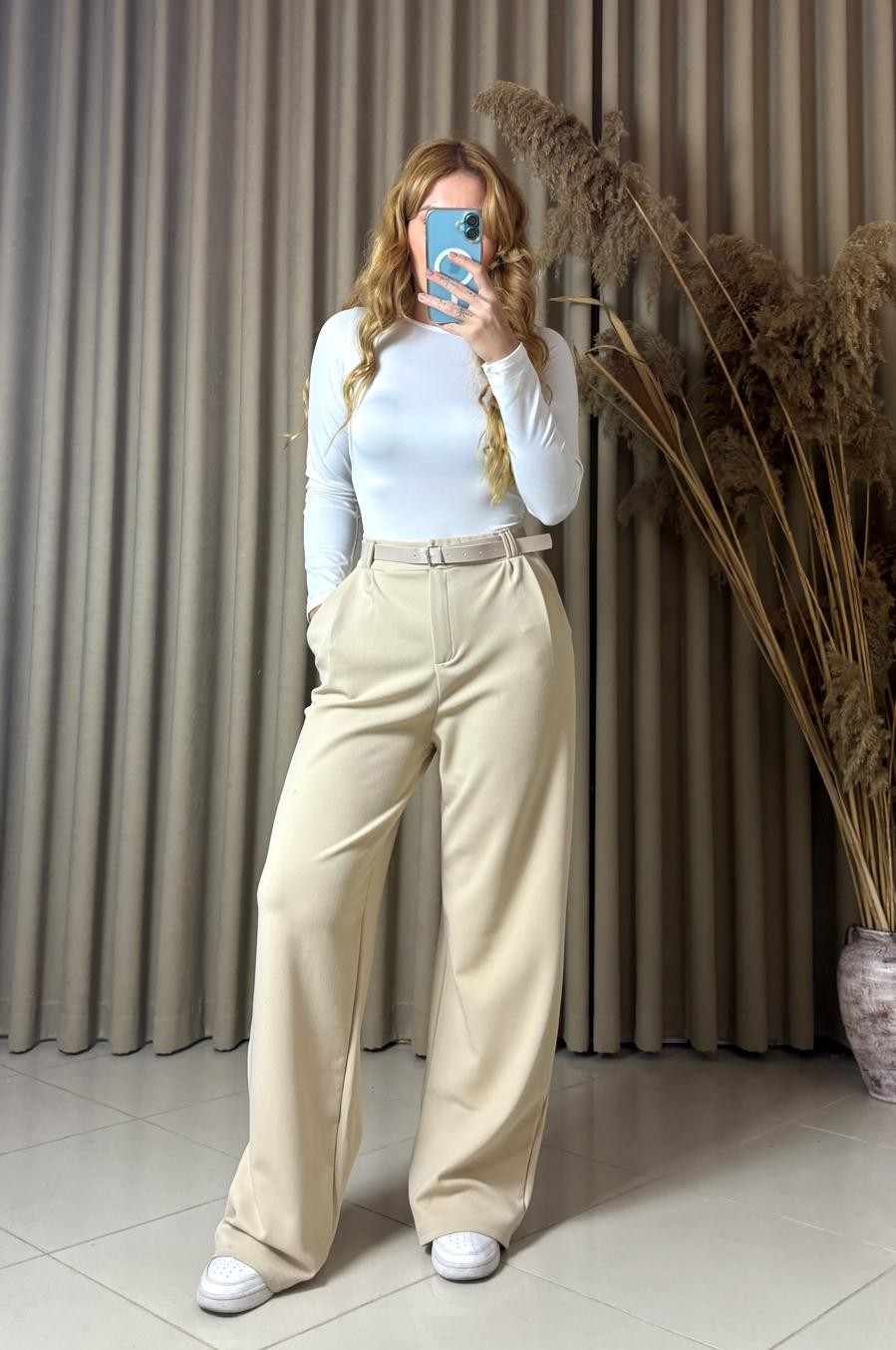 Kemerli Likralı Bej Palazzo Pantolon
