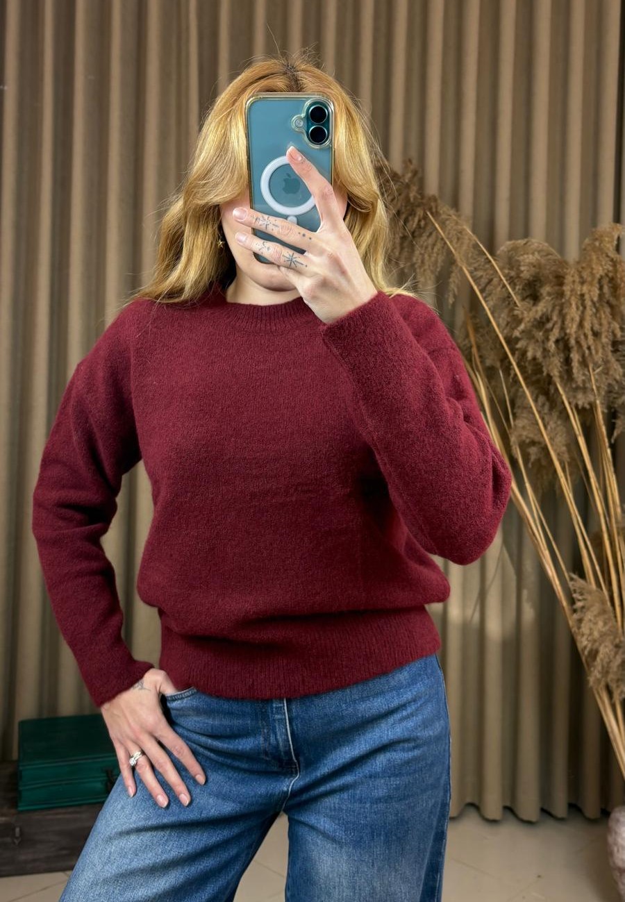 BISIKLET YAKA YUMUSAK DOKULU BASİC TRIKO KAZAK BORDO