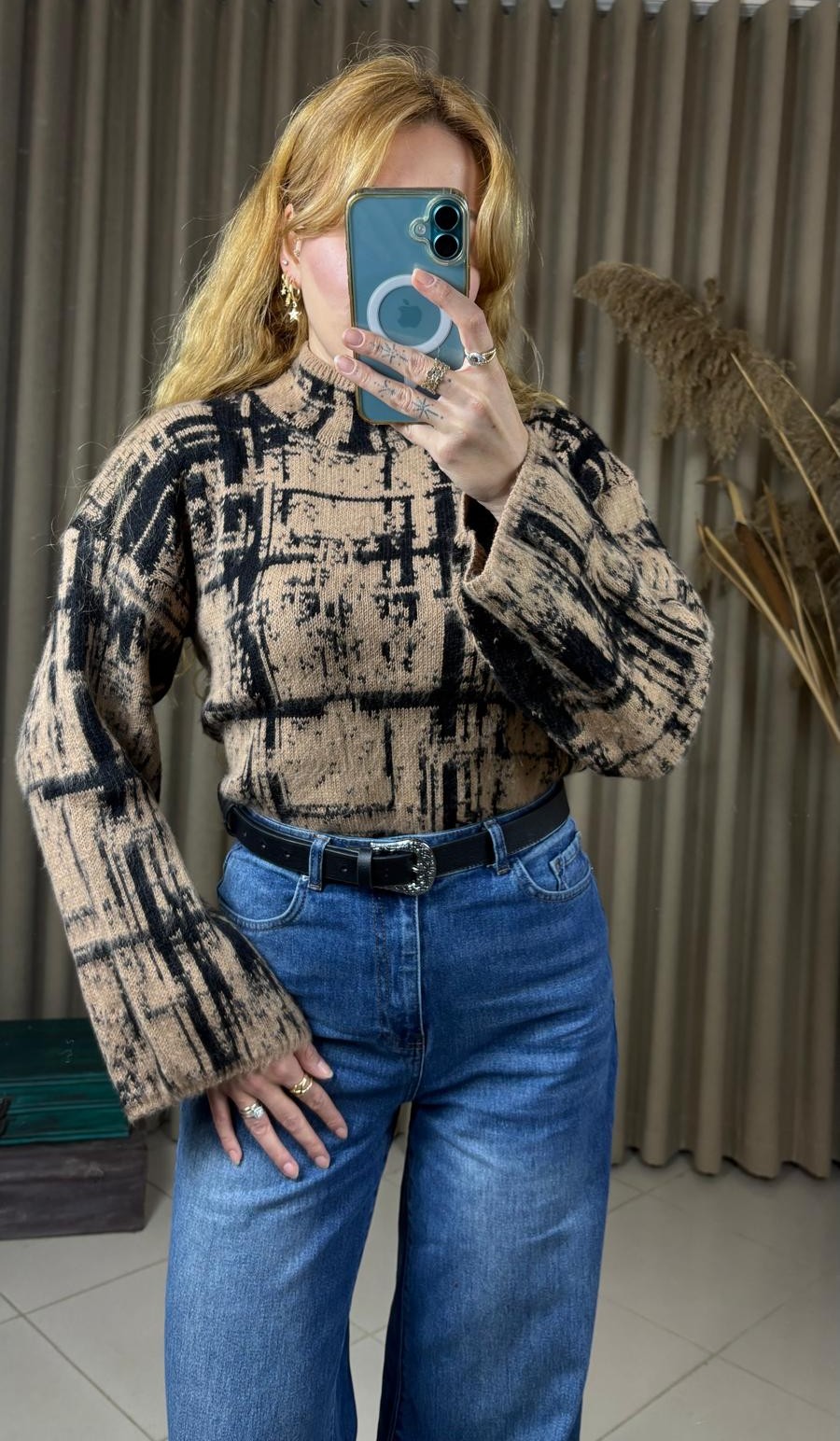 ZRA model desenli yumoş dik yaka kahverengi kazak