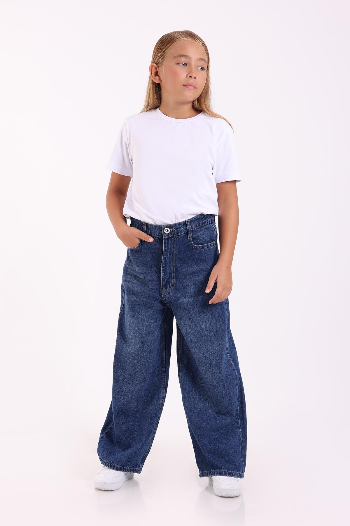 Kız Çocuk Rahat Kalıp Kot Pantolon,Beli Lastikli Bol Paça Pantolon Wide Leg 8-15 Yaş 8093-94