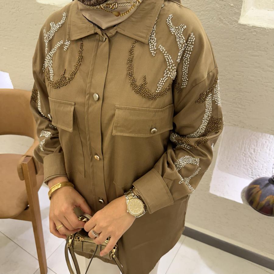Taş işlemeli gömlek ceket/camel