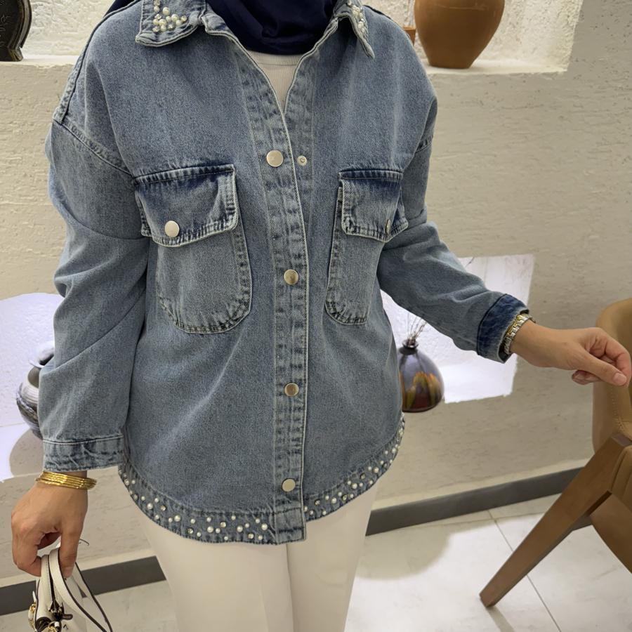 İncili denim gömlek ceket