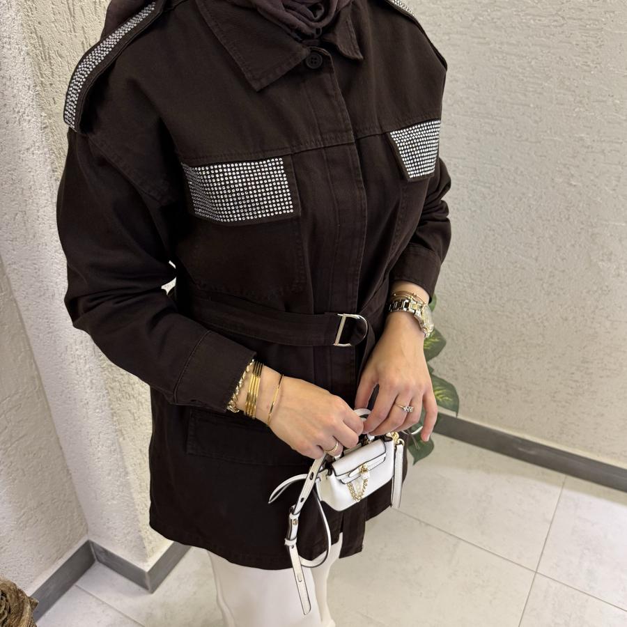 Taş serpmeli denim ceket /kahverengi