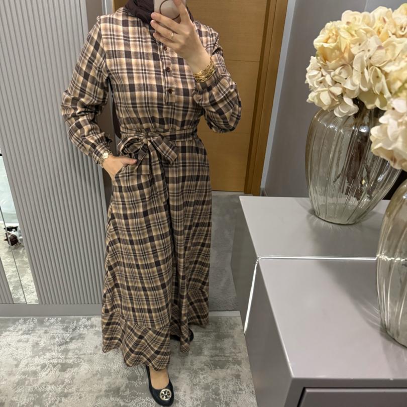 Ekose elbise/kahverengi geçişli