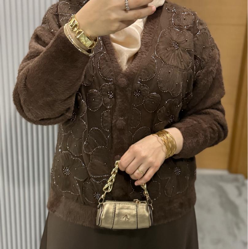 Tül ve inci detaylı ithal hırka/kahverengi